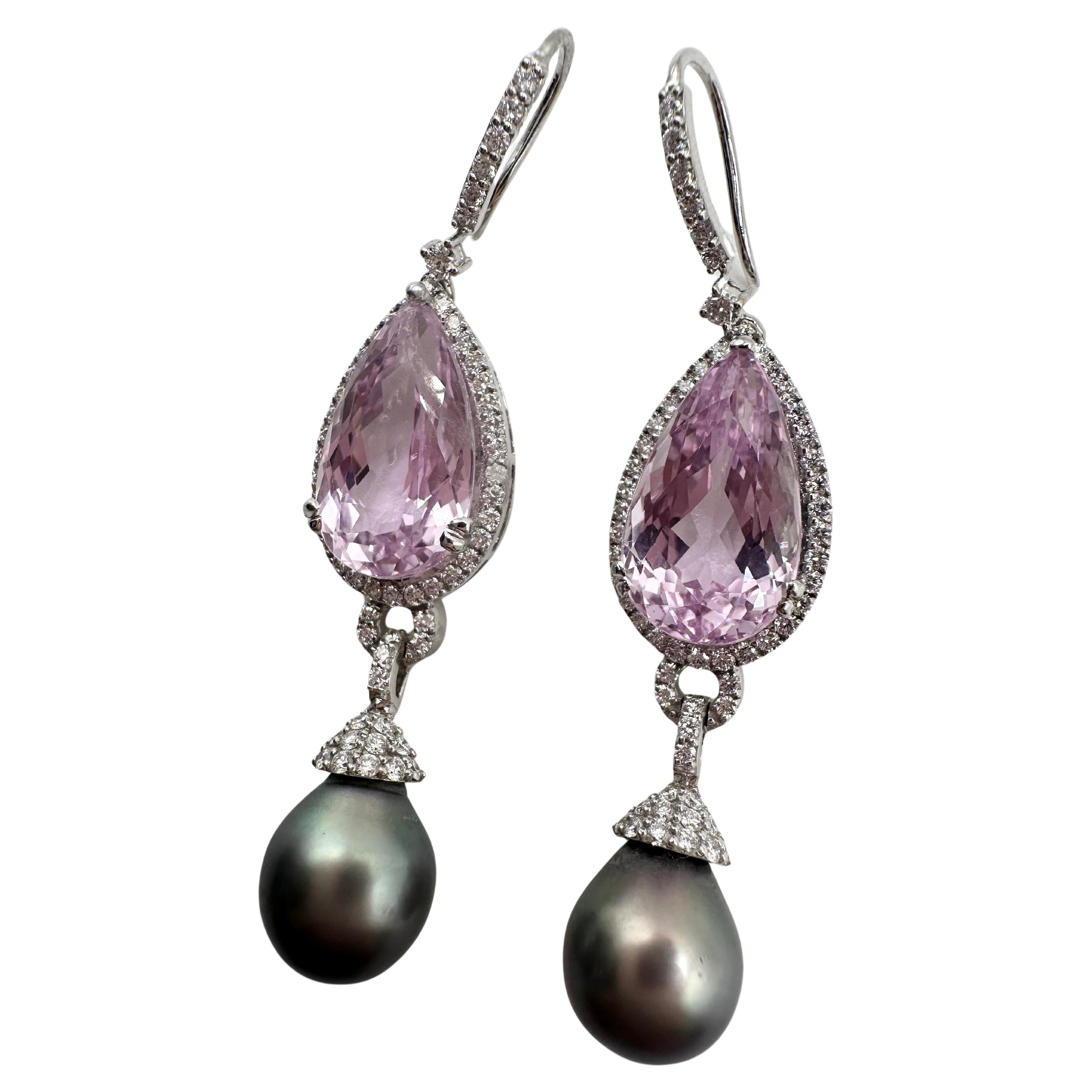 Kunzite and Tahitian pearl cocktail earrings in an incredible combination of colors, stunning elegant pair of earrings in 18KT gold. Earrings weight 18 grams, Kunzite is 17 carats while diamonds are 1.32carats VS clarity and G color. Tahitian pearls
