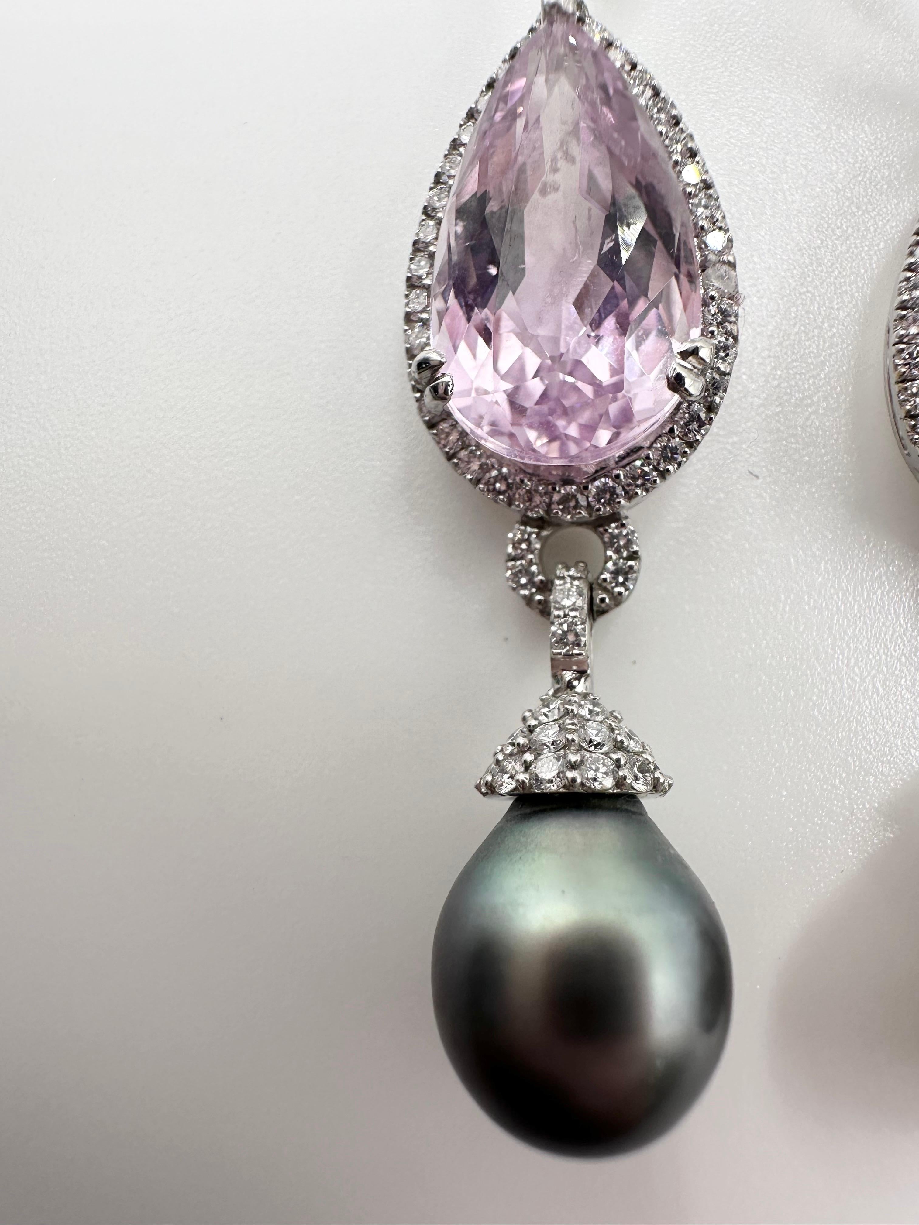 Pear Cut Kunzite Pink Tahitian pearl earrings 18KT gold cocktail earrings For Sale