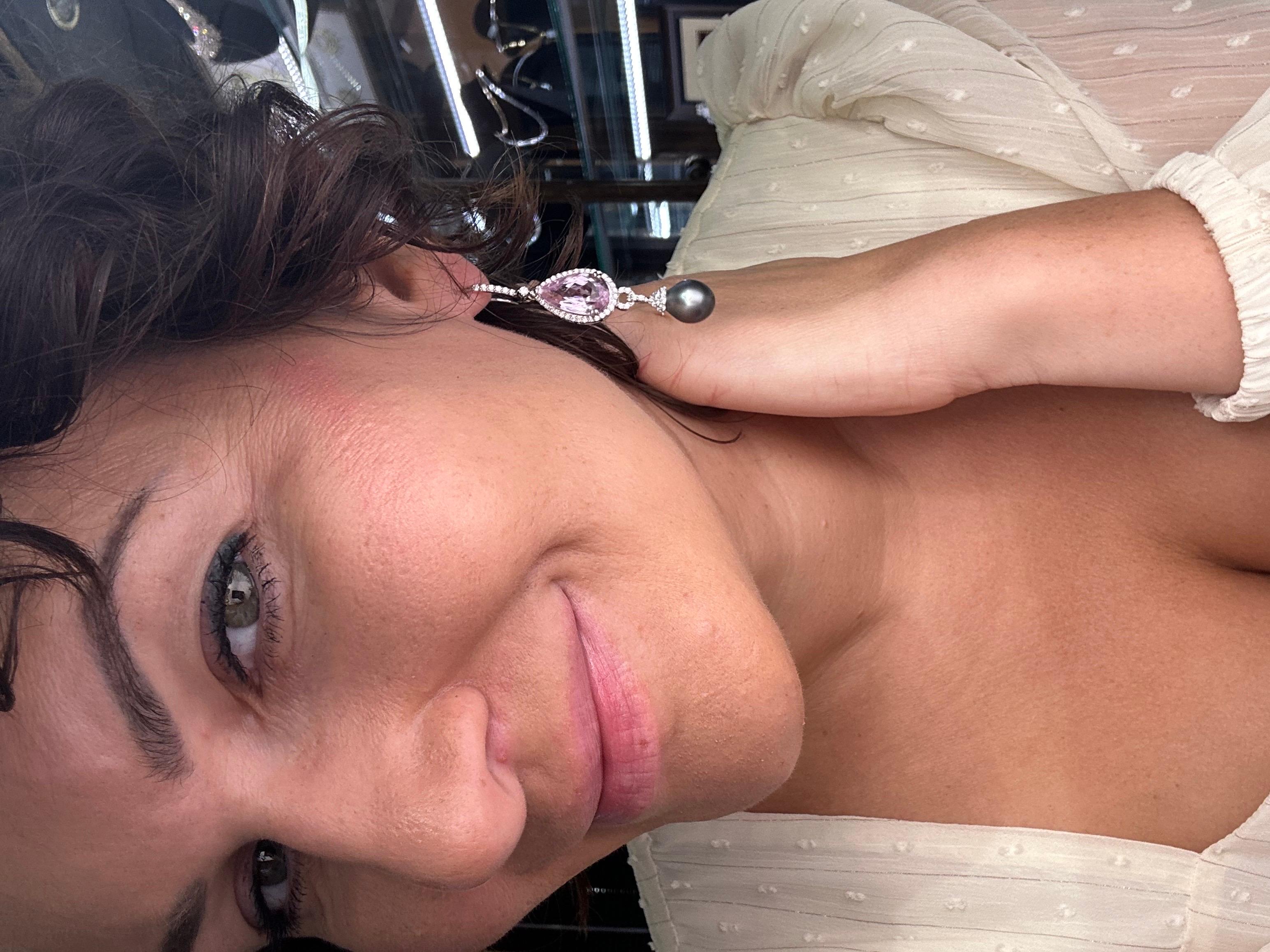 Kunzite Pink Tahitian pearl earrings 18KT gold cocktail earrings For Sale 1