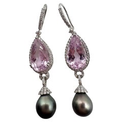 Kunzite Pink Tahitian pearl earrings 18KT gold cocktail earrings