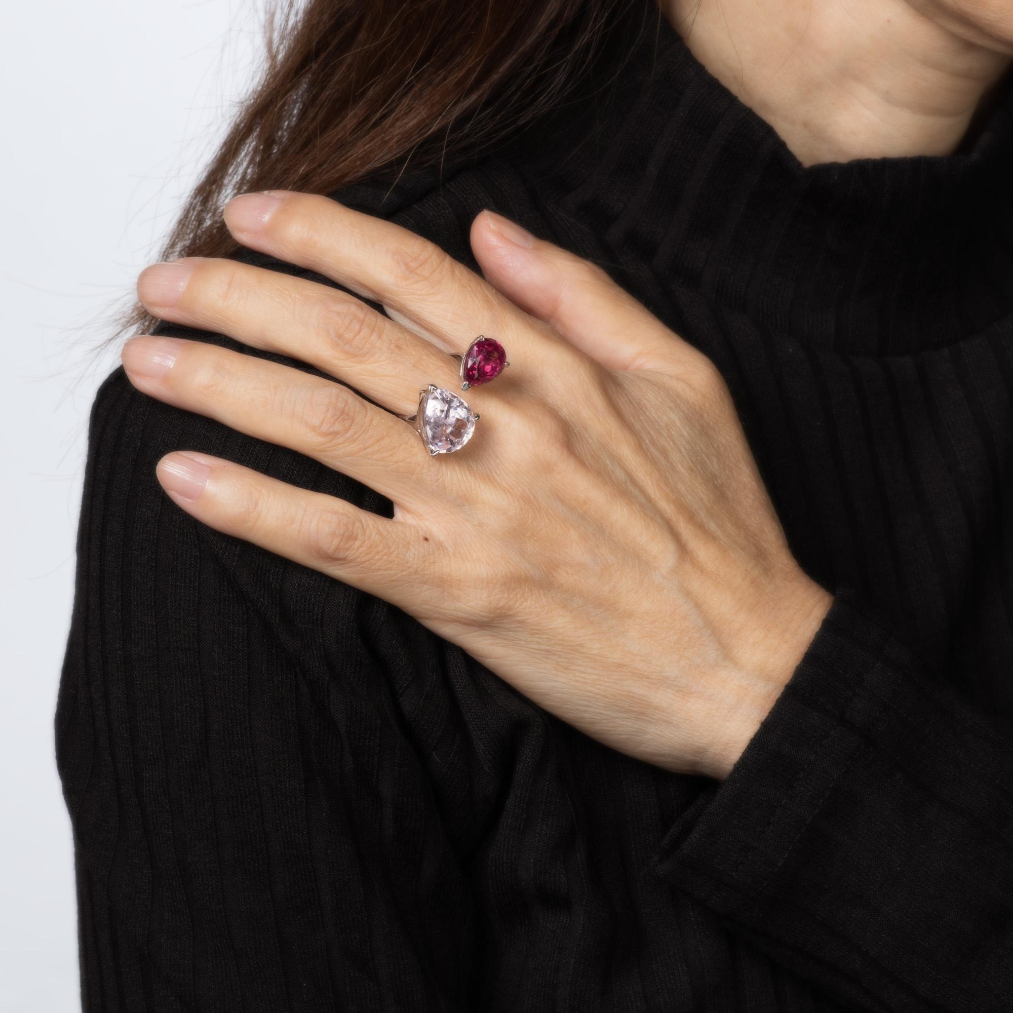 Kunzit Rosa Turmalin Offener Ring Sz 7 18k Weißgold Estate Cocktail-Schmuck Damen im Angebot