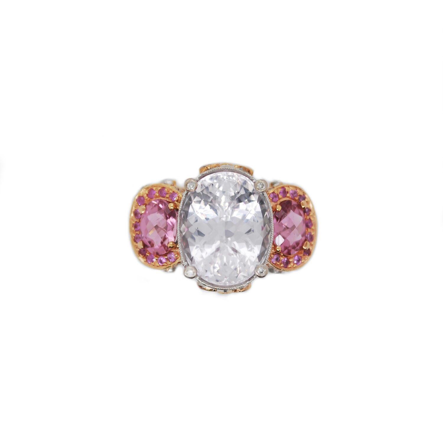 Contemporary Kunzite, Tourmaline and Sapphires Romantic Ring For Sale