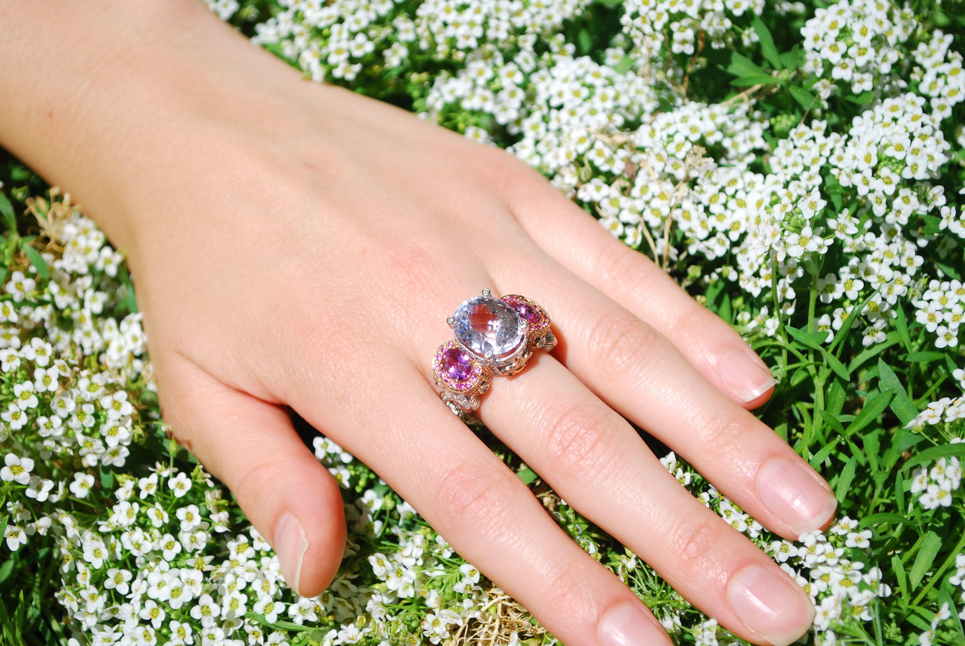 Oval Cut Kunzite, Tourmaline and Sapphires Romantic Ring For Sale