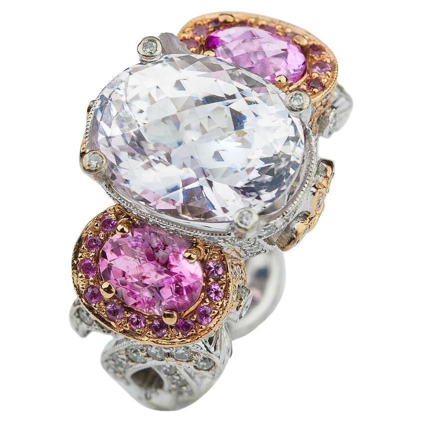 One of one Kunzite 7 Rose Tourmalines surrounded by Pink Sapphires
This ring features detail from every angle!
18K Rose & White Gold 
