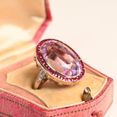 Oval Cut Kunzite Halo Ruby accent diamond Ring 24ct 18k Yellow Gold