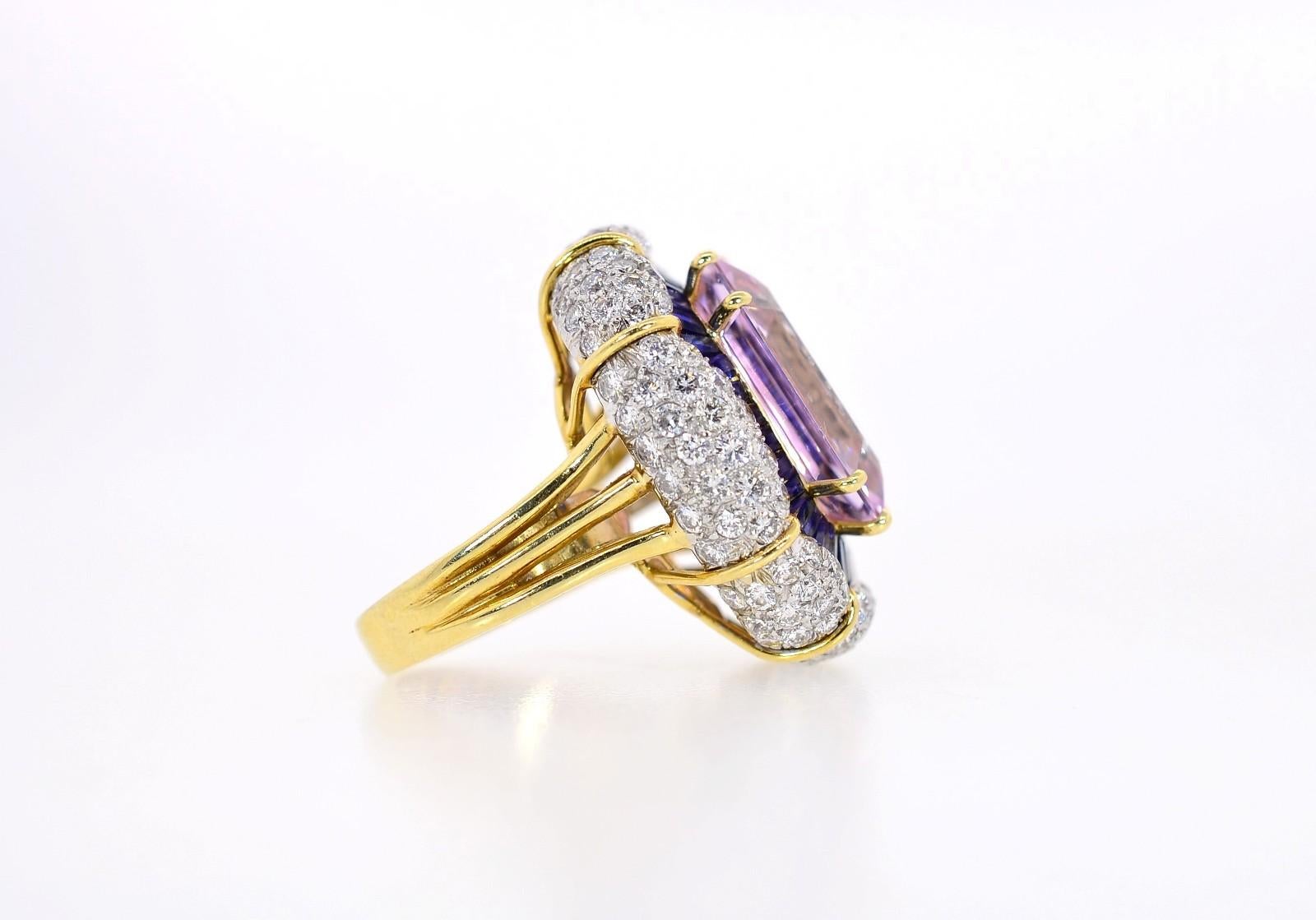 Modern Kunzite Sapphire Diamond Gold Cocktail Ring