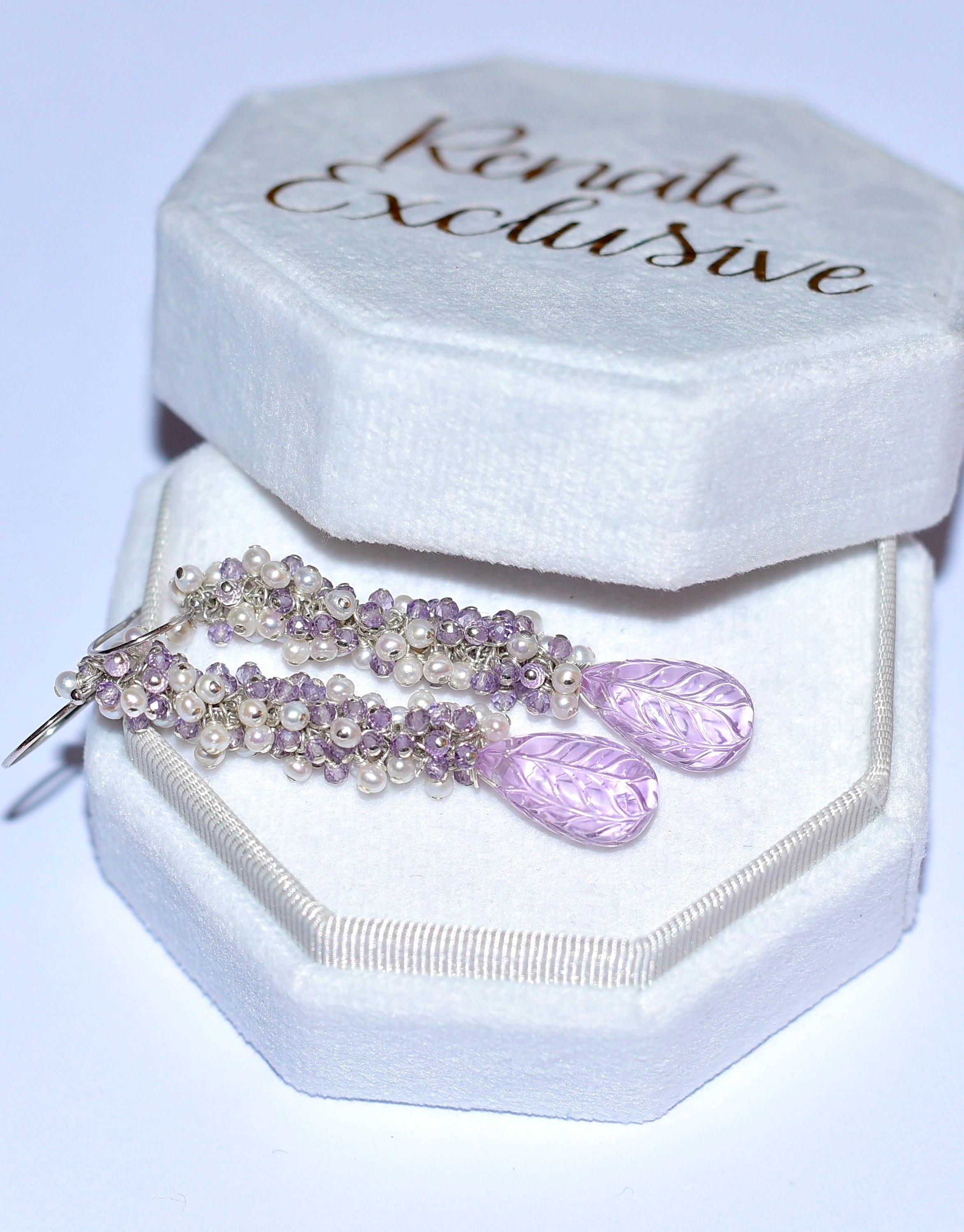 Bead Kunzite, Seed Pearl and Amethyst Earrings in 14K Solid White Gold