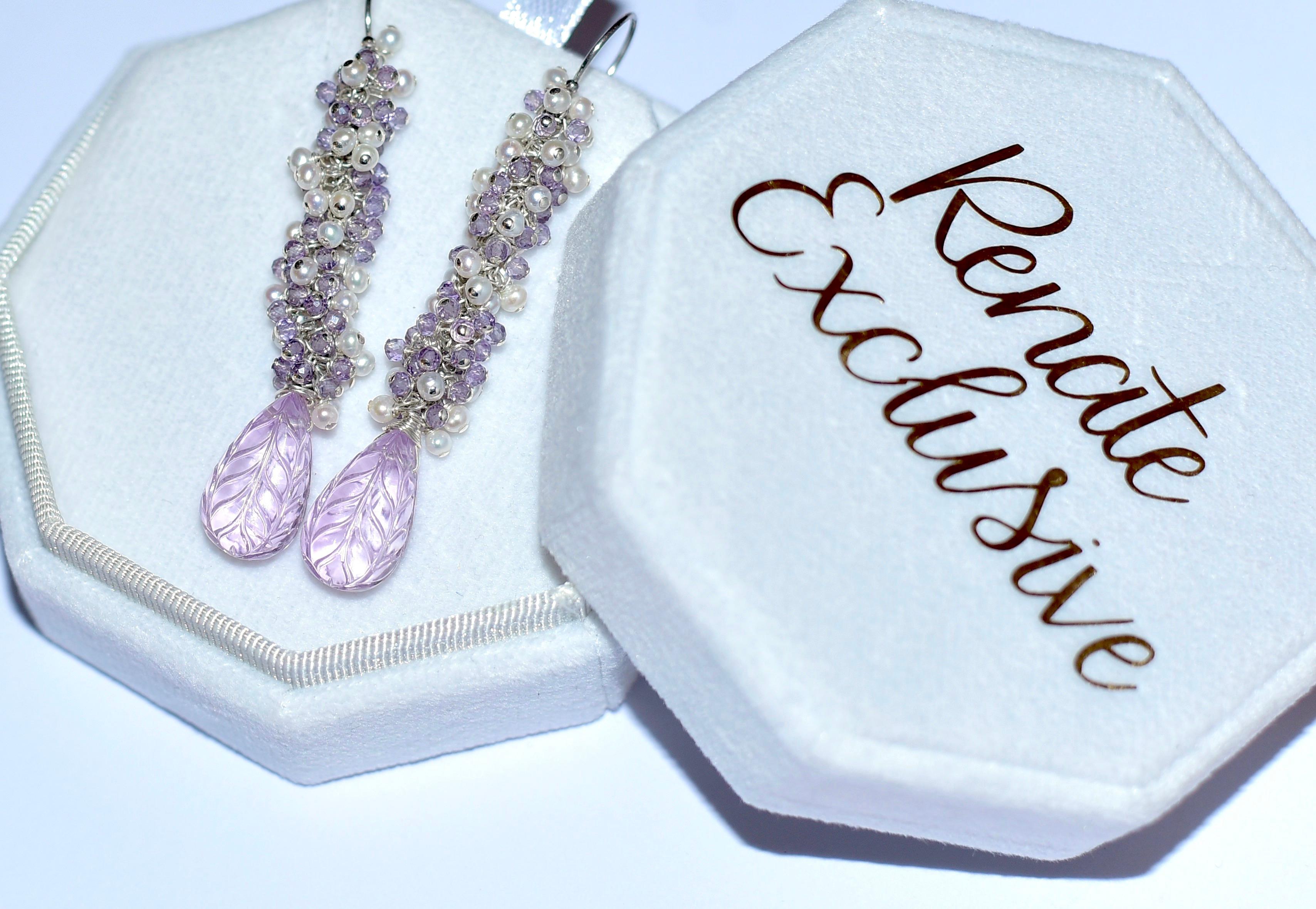 Kunzite, Seed Pearl and Amethyst Earrings in 14K Solid White Gold In New Condition In Astoria, NY