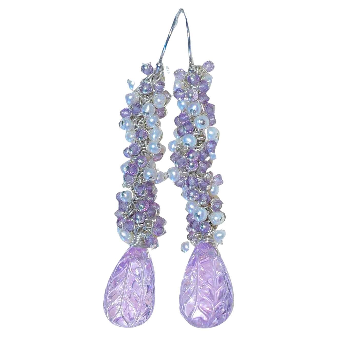 Kunzite, Seed Pearl and Amethyst Earrings in 14K Solid White Gold