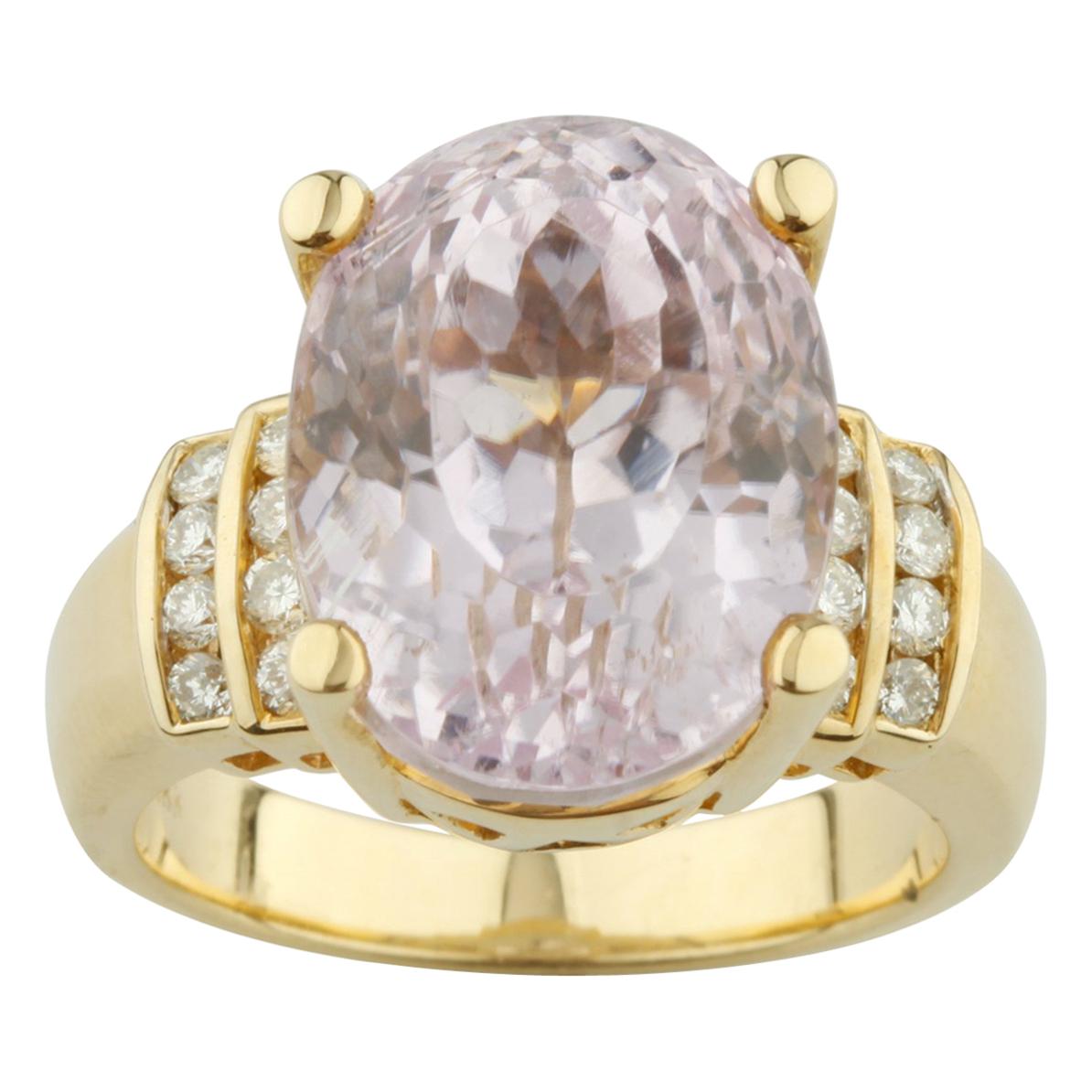 Kunzite Solitaire with Diamond Accents 18 Karat Yellow Gold Ring For Sale