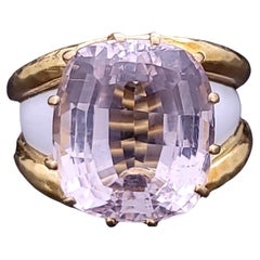 Kunzite Stone David Webb Ring in 18K Yellow Gold & White Enamel Size 9