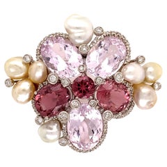 Kunzite Tourmaline Diamond and Pearl Favero Brooch Pin Estate Fine Jewelry