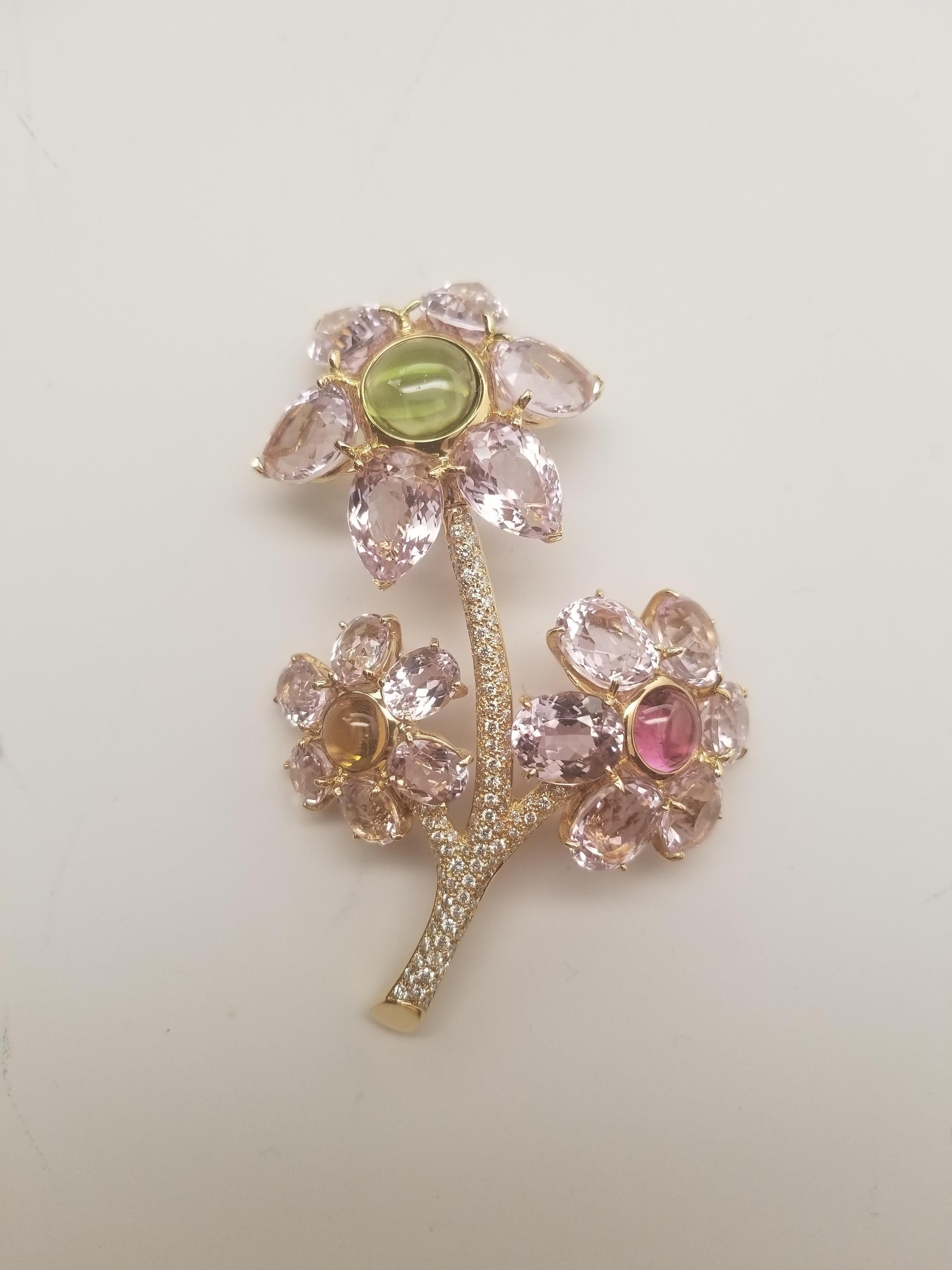 Pear Cut NEW GAL CERT Kunzite Tourmaline Diamond Flower Brooch 18K Gold LFPARIS Mark For Sale