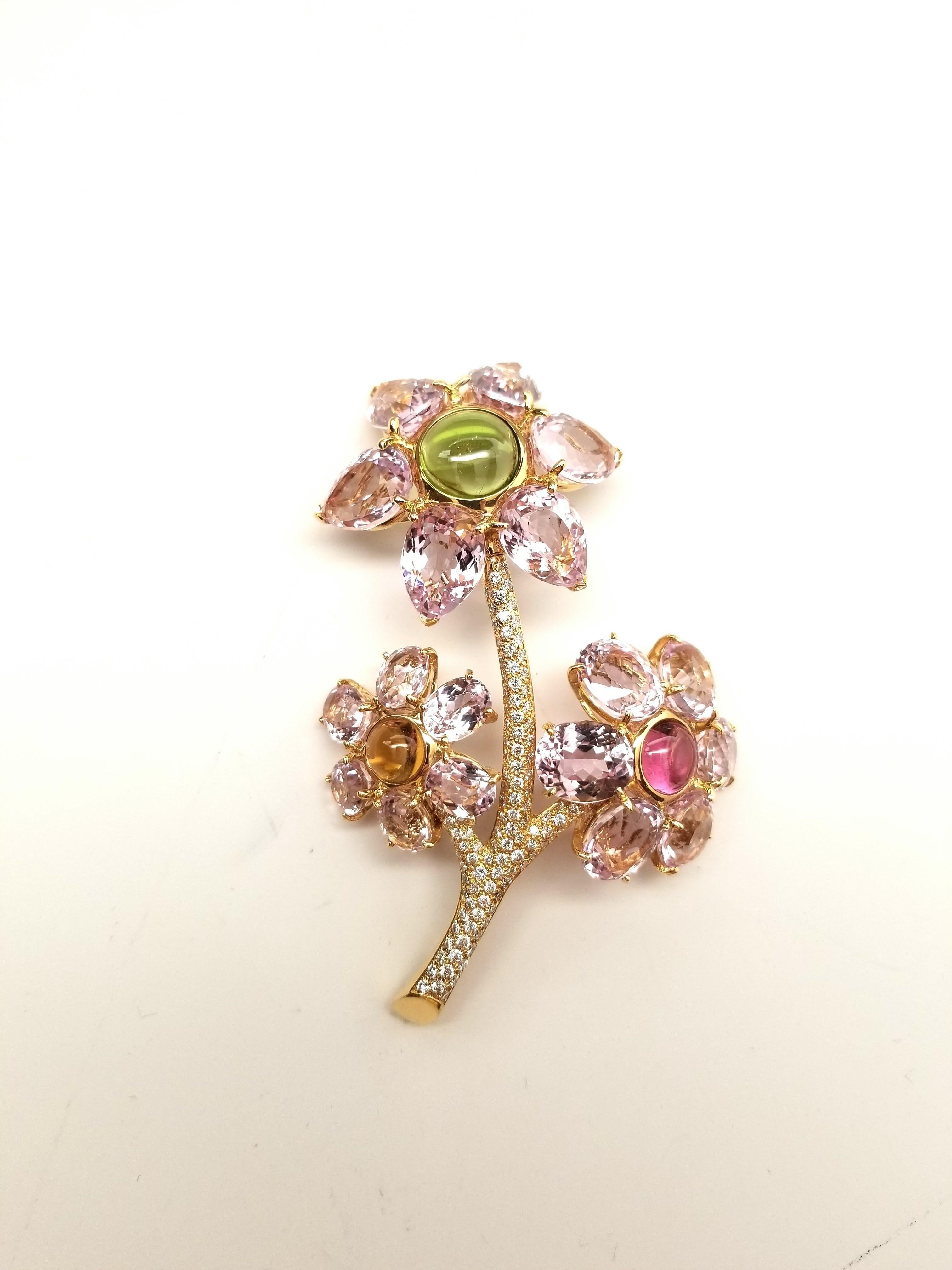NEW GAL CERT Kunzite Tourmaline Diamond Flower Brooch 18K Gold LFPARIS Mark For Sale 1