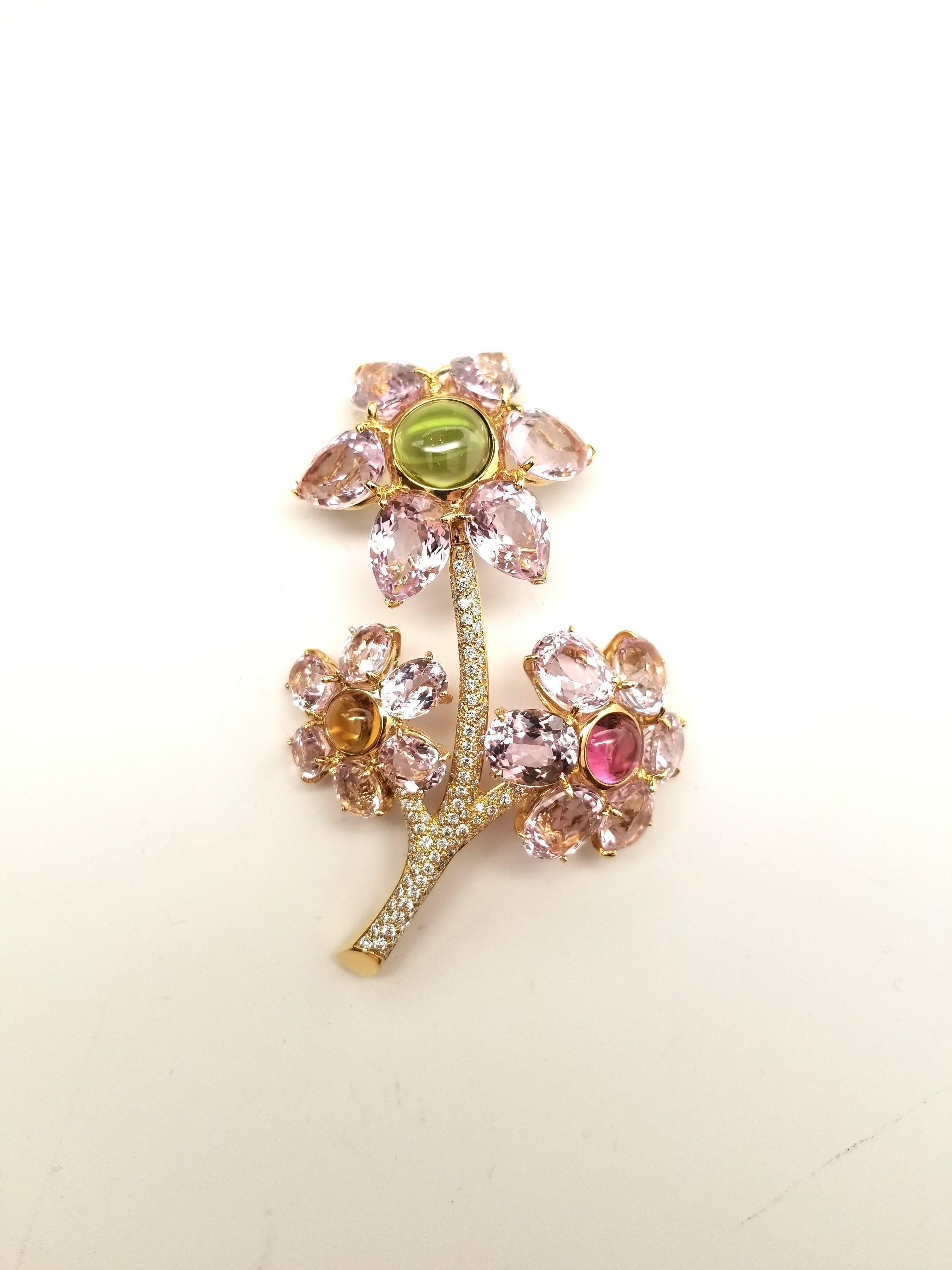 NEW GAL CERT Kunzite Tourmaline Diamond Flower Brooch 18K Gold LFPARIS Mark For Sale 2