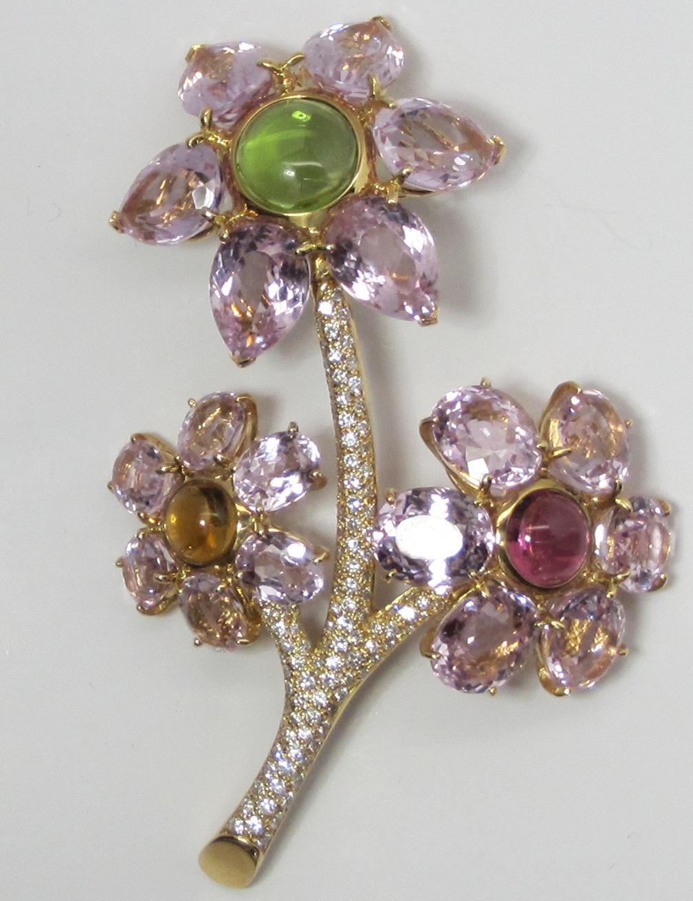 NEW GAL CERT Kunzite Tourmaline Diamond Flower Brooch 18K Gold LFPARIS Mark For Sale 3