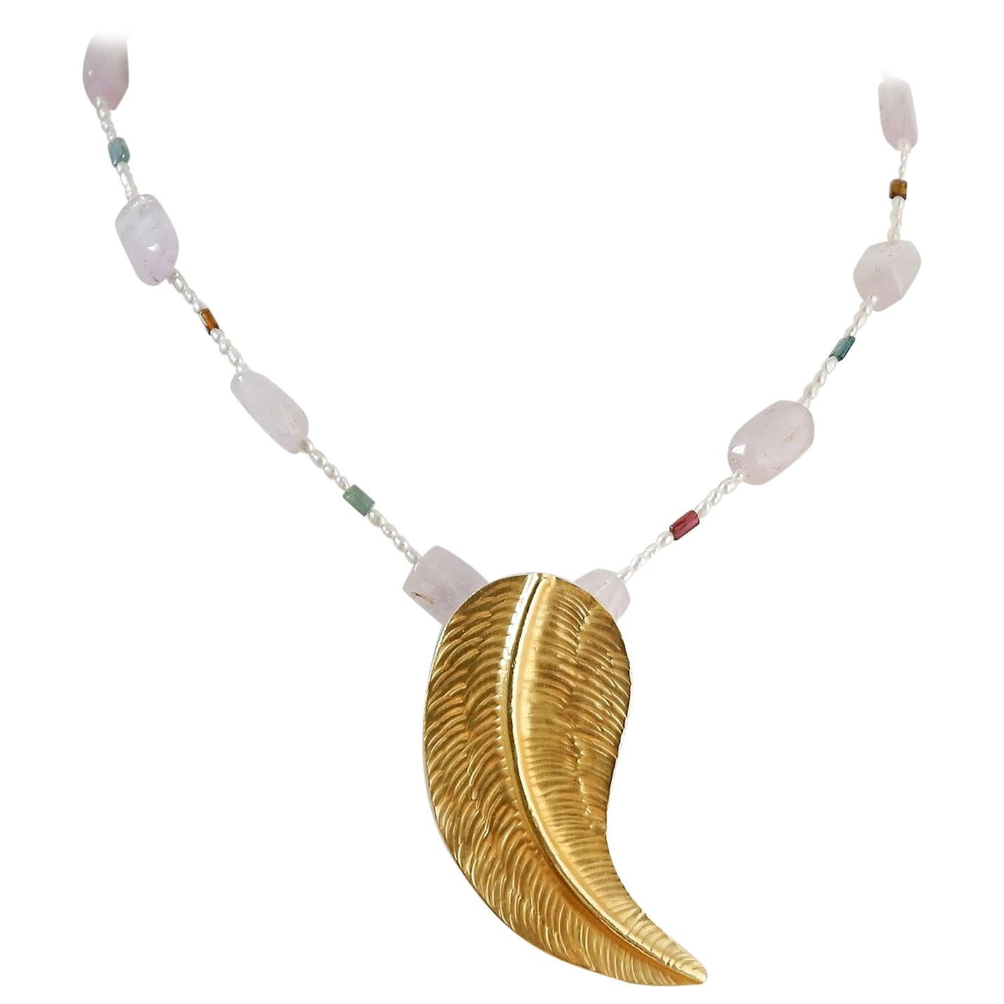 Kunzite Tourmaline Pearl and Yellow Gold Bead Pendant Necklace For Sale