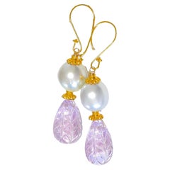 Kunzite, White South Sea Pearl Earrings in 18K Solid Yellow Gold