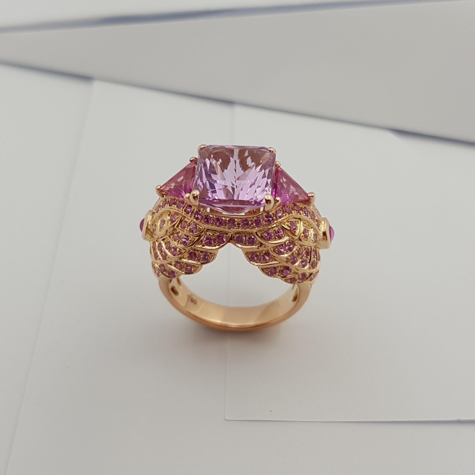 Kunzite with Pink Sapphire Ring Set 18 Karat Rose Gold Settings For Sale 3