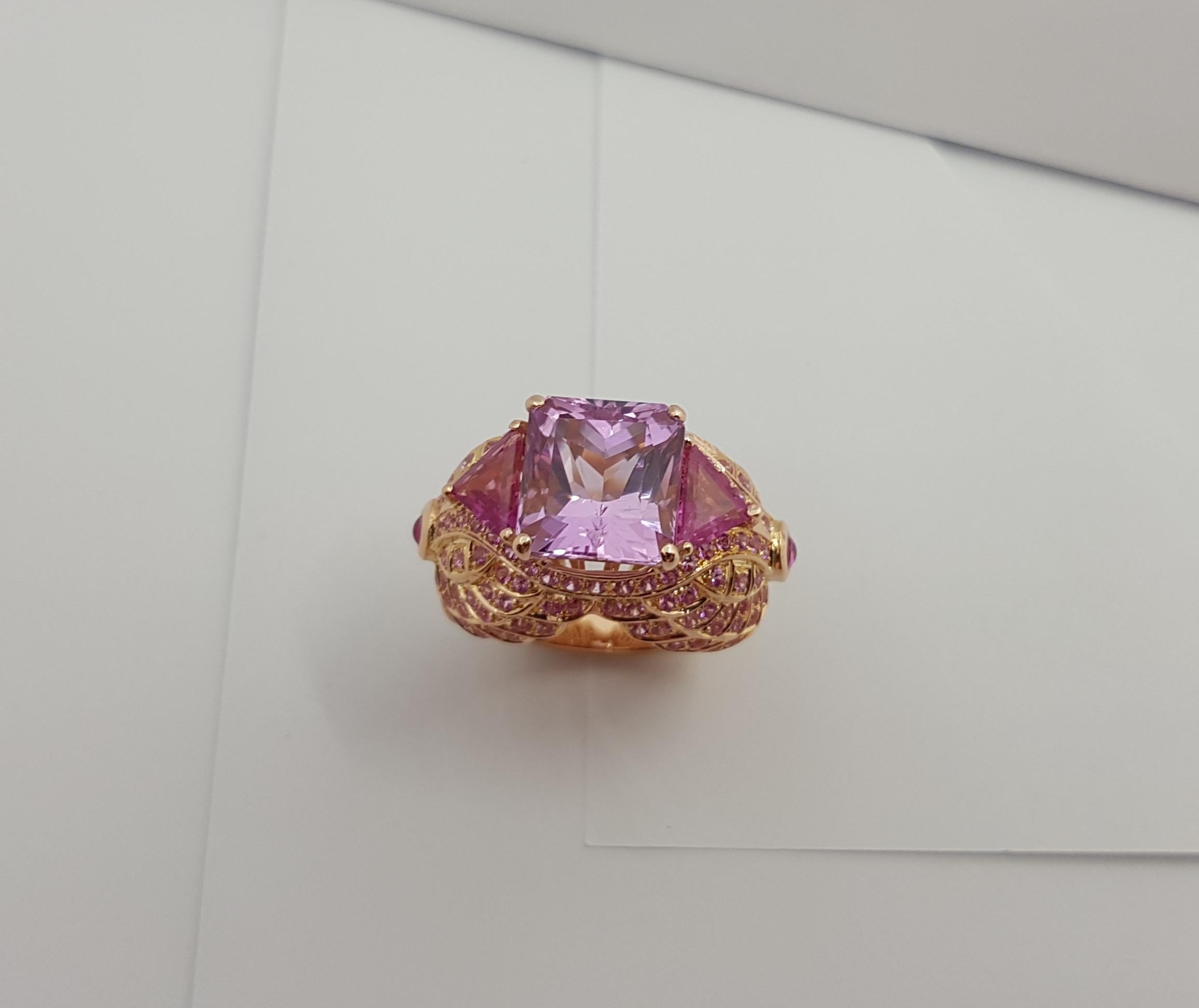 Kunzite with Pink Sapphire Ring Set 18 Karat Rose Gold Settings For Sale 4