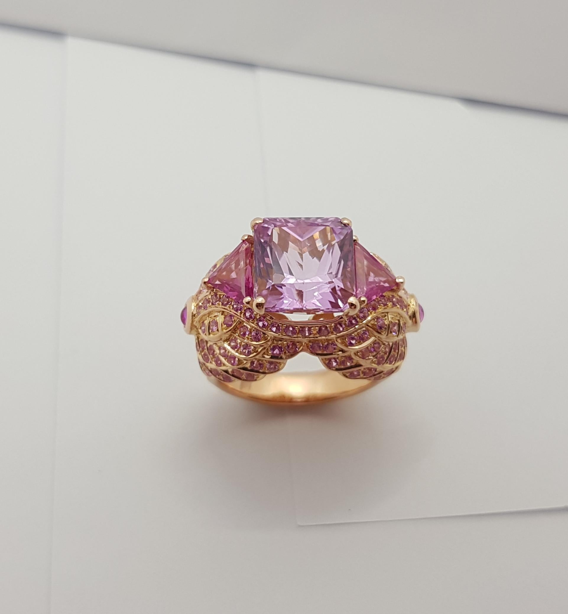 Kunzite with Pink Sapphire Ring Set 18 Karat Rose Gold Settings For Sale 6