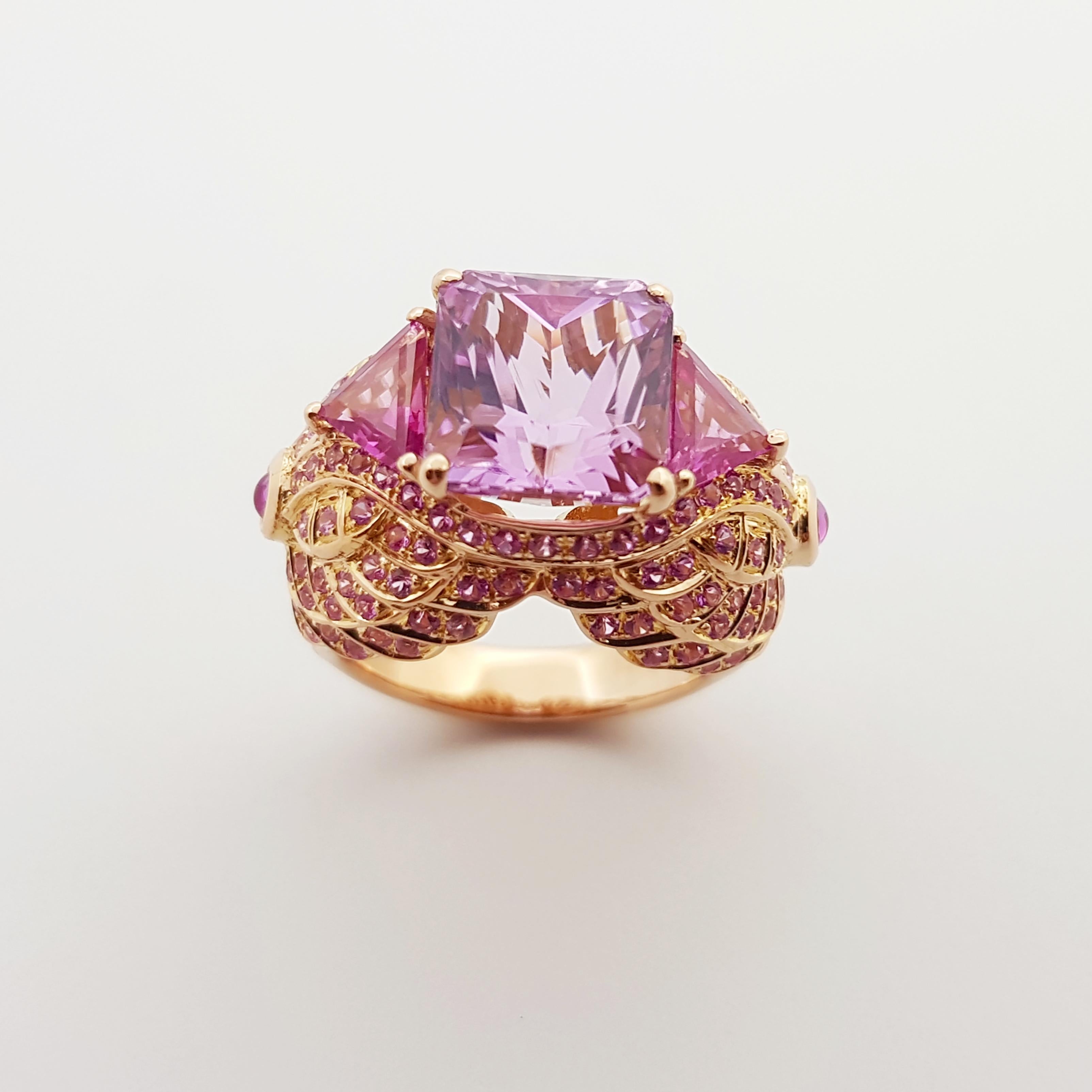 Kunzite with Pink Sapphire Ring Set 18 Karat Rose Gold Settings In New Condition For Sale In Bangkok, TH
