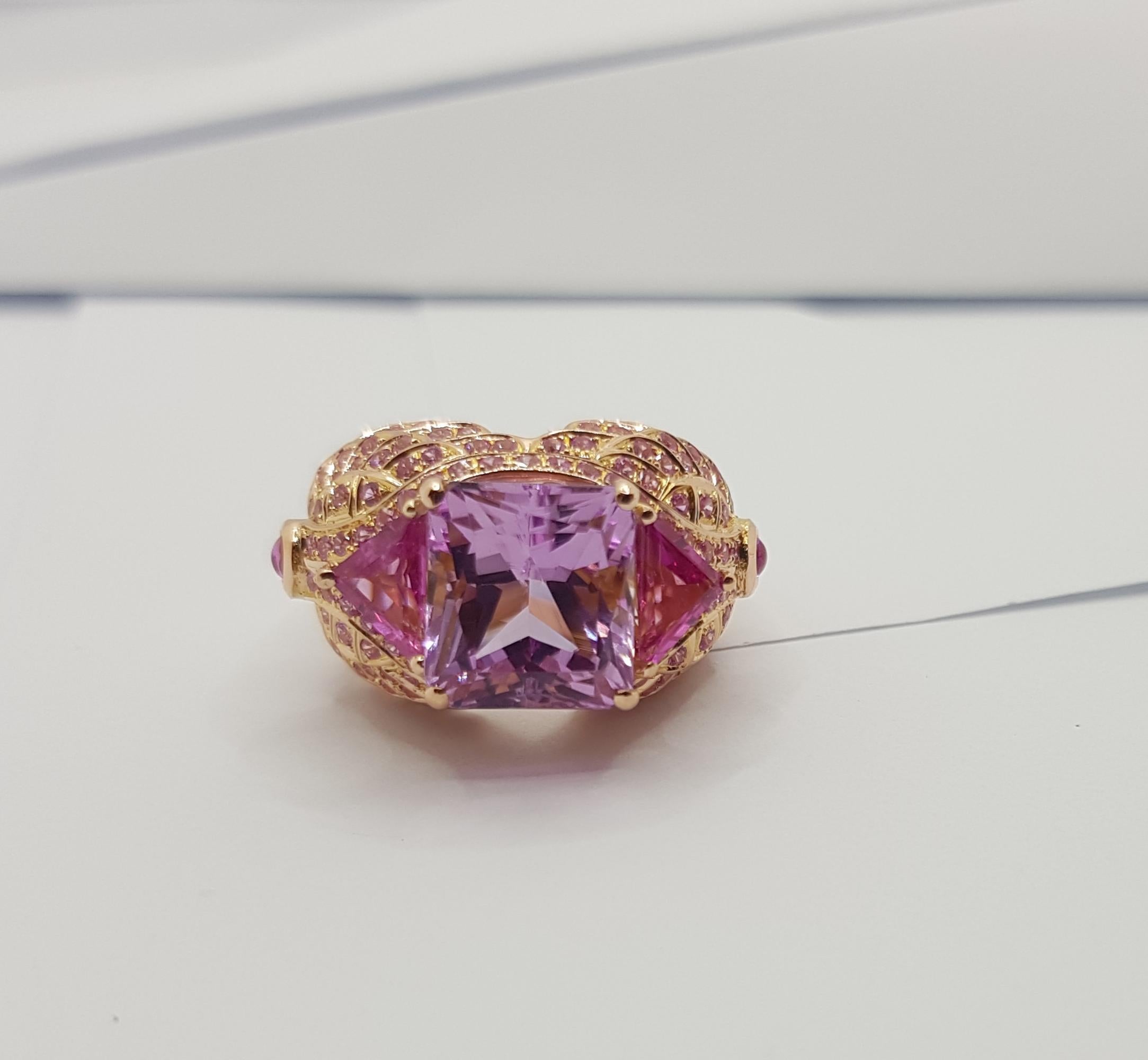 Women's or Men's Kunzite with Pink Sapphire Ring Set 18 Karat Rose Gold Settings For Sale