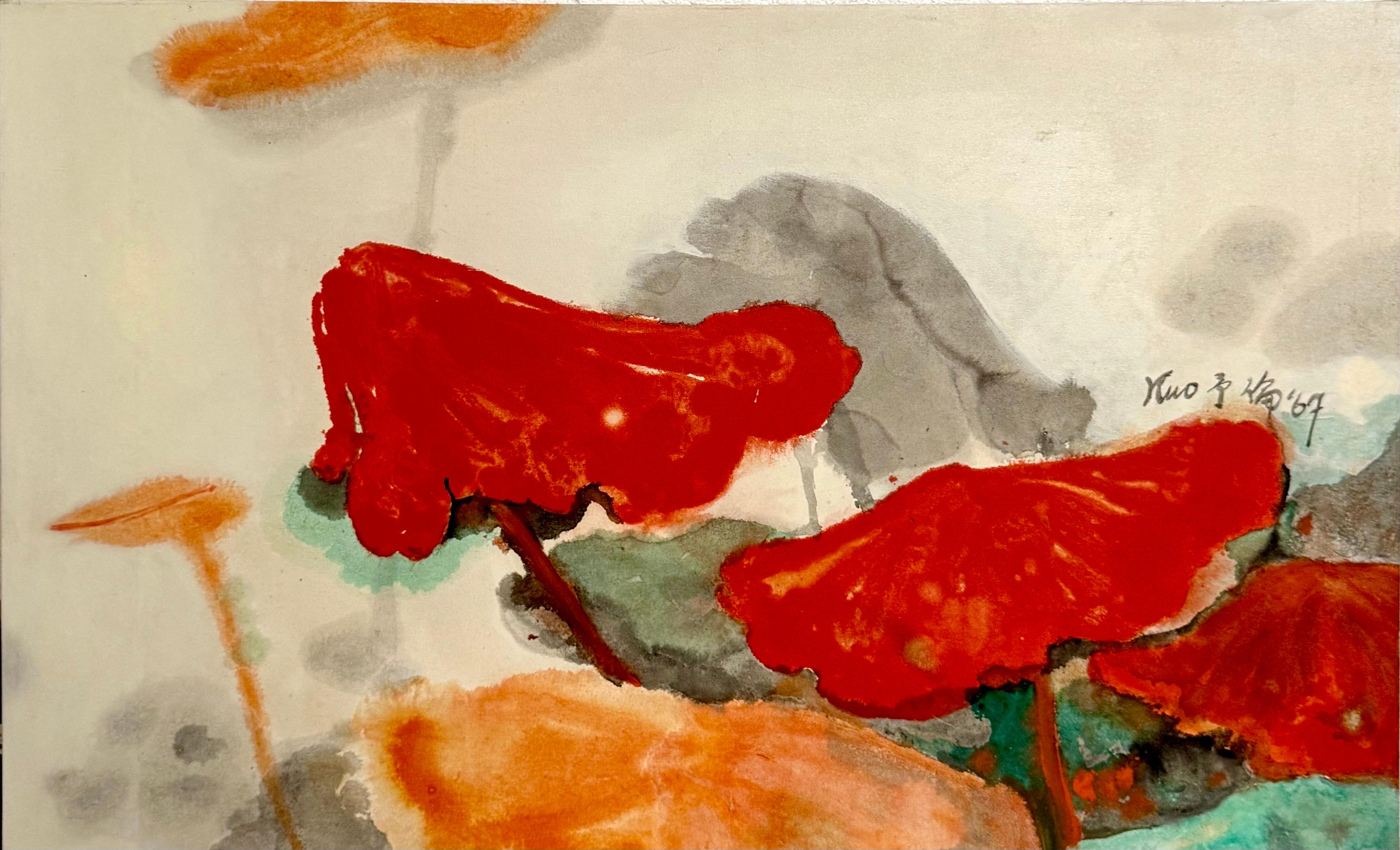Large Abstract Expressionist Lotus Flower Taiwanese Chinese Painting Kuo Yu-Lun For Sale 11