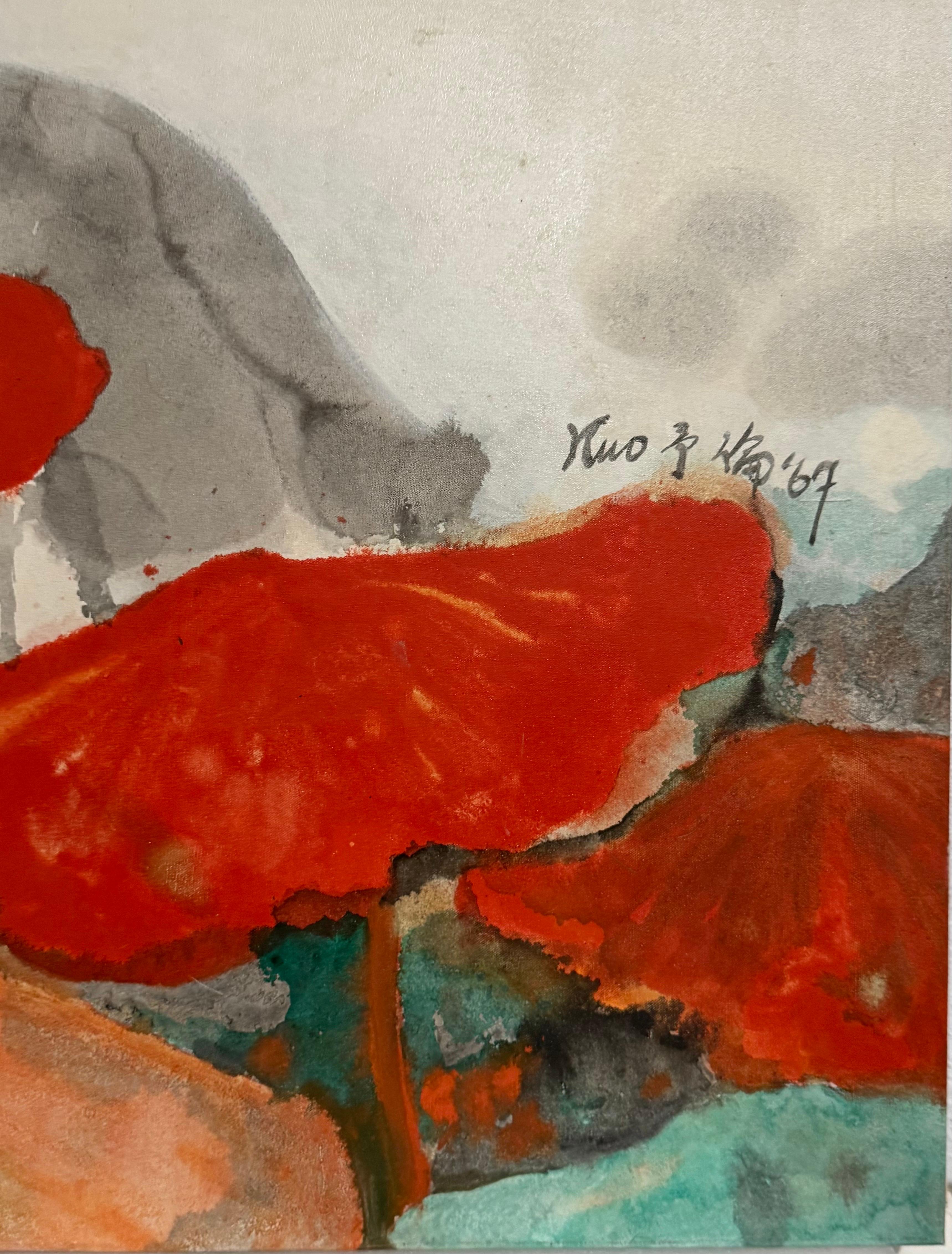 Large Abstract Expressionist Lotus Flower Taiwanese Chinese Painting Kuo Yu-Lun - Brown Landscape Painting by Kuo Yu Lun