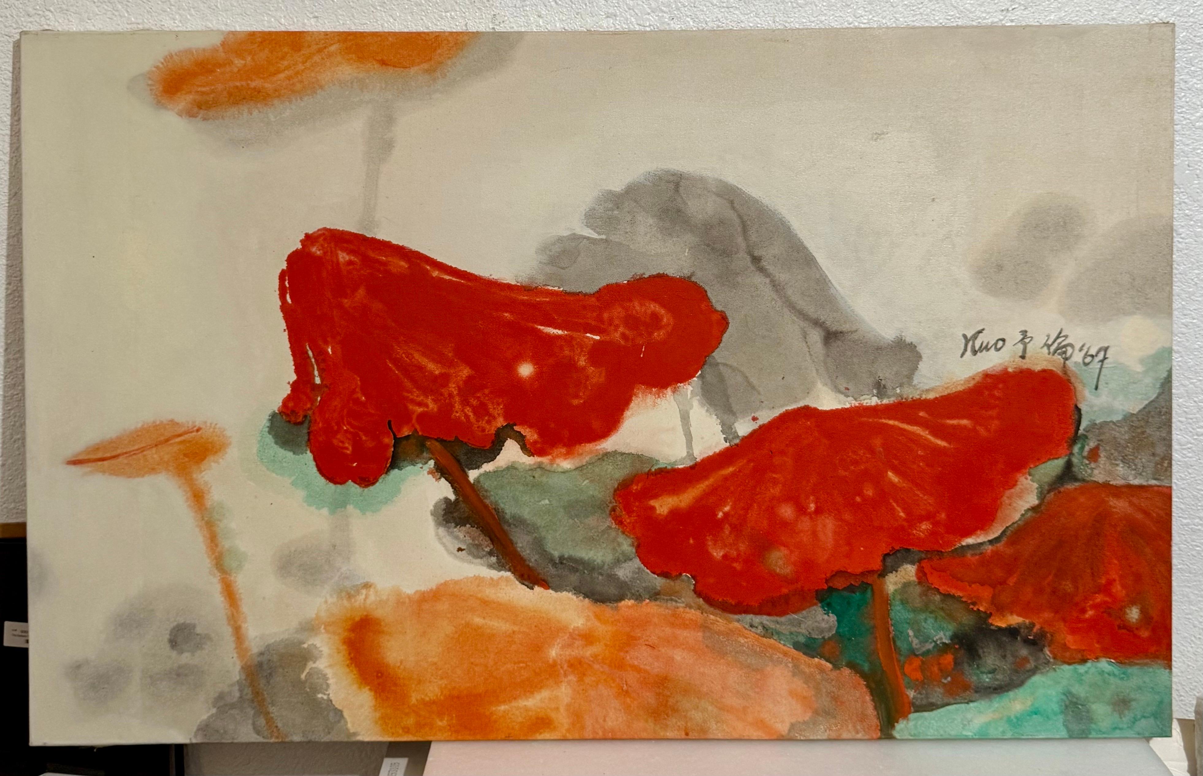 Large Abstract Expressionist Lotus Flower Taiwanese Chinese Painting Kuo Yu-Lun For Sale 1