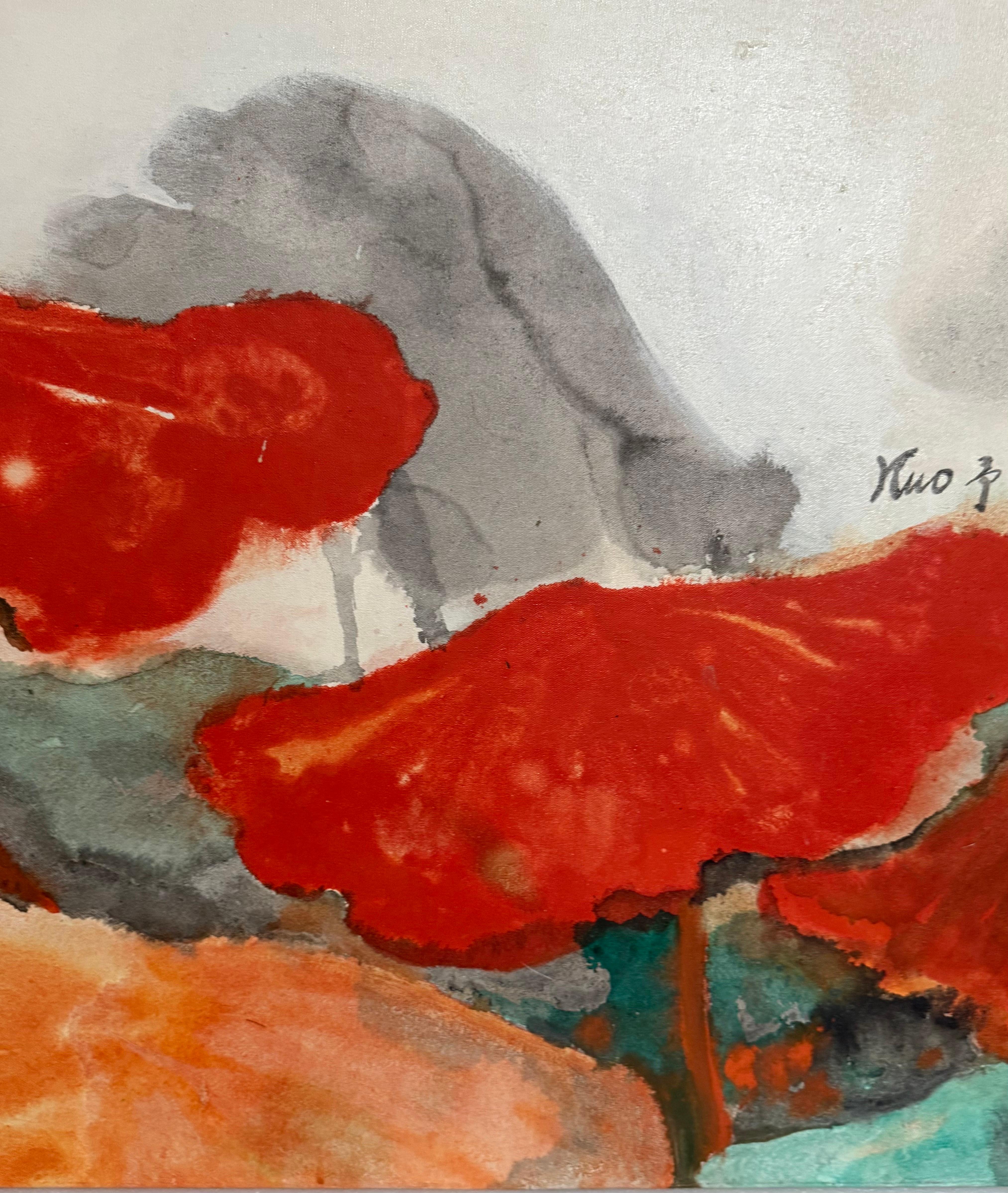 Large Abstract Expressionist Lotus Flower Taiwanese Chinese Painting Kuo Yu-Lun For Sale 2