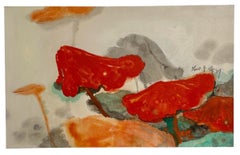 Large Abstract Expressionist Lotus Flower Taiwanese Chinese Painting Kuo Yu-Lun
