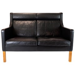 Vintage Kupe 2-Seat Sofa Model 2192 Made In Black Leather By Børge Mogensen From 1970s