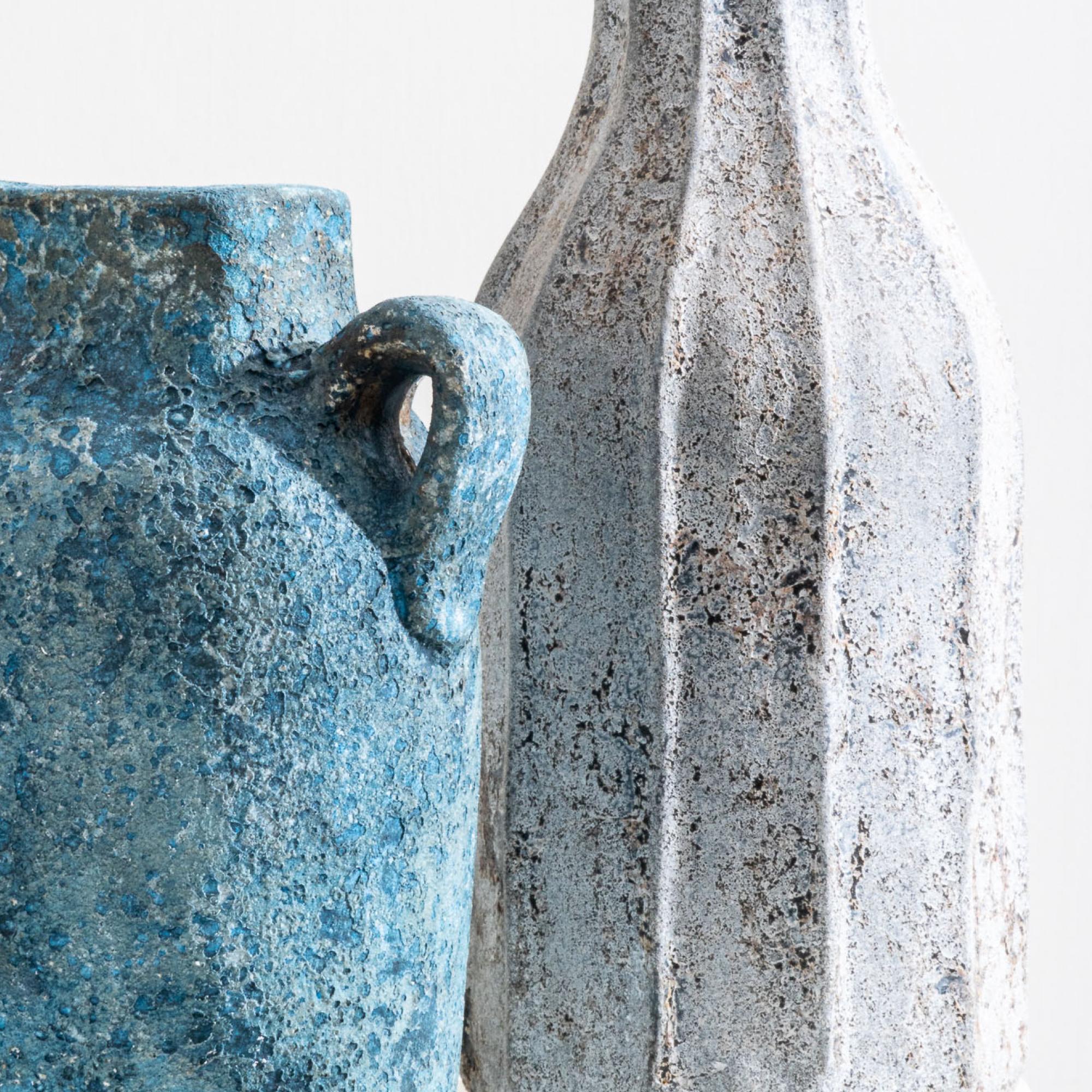 Kuping Vase Jug, Handmade Textured Terracotta Organic Shape in Blue For Sale 4