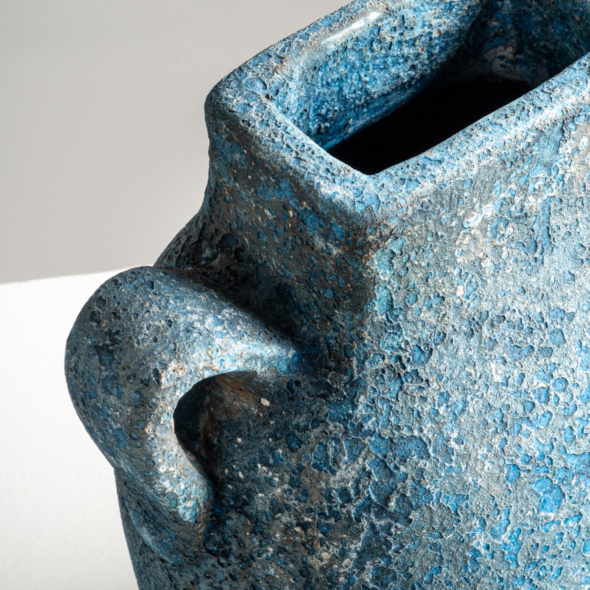 Hand-Crafted Kuping Vase Jug, Handmade Textured Terracotta Organic Shape in Blue For Sale