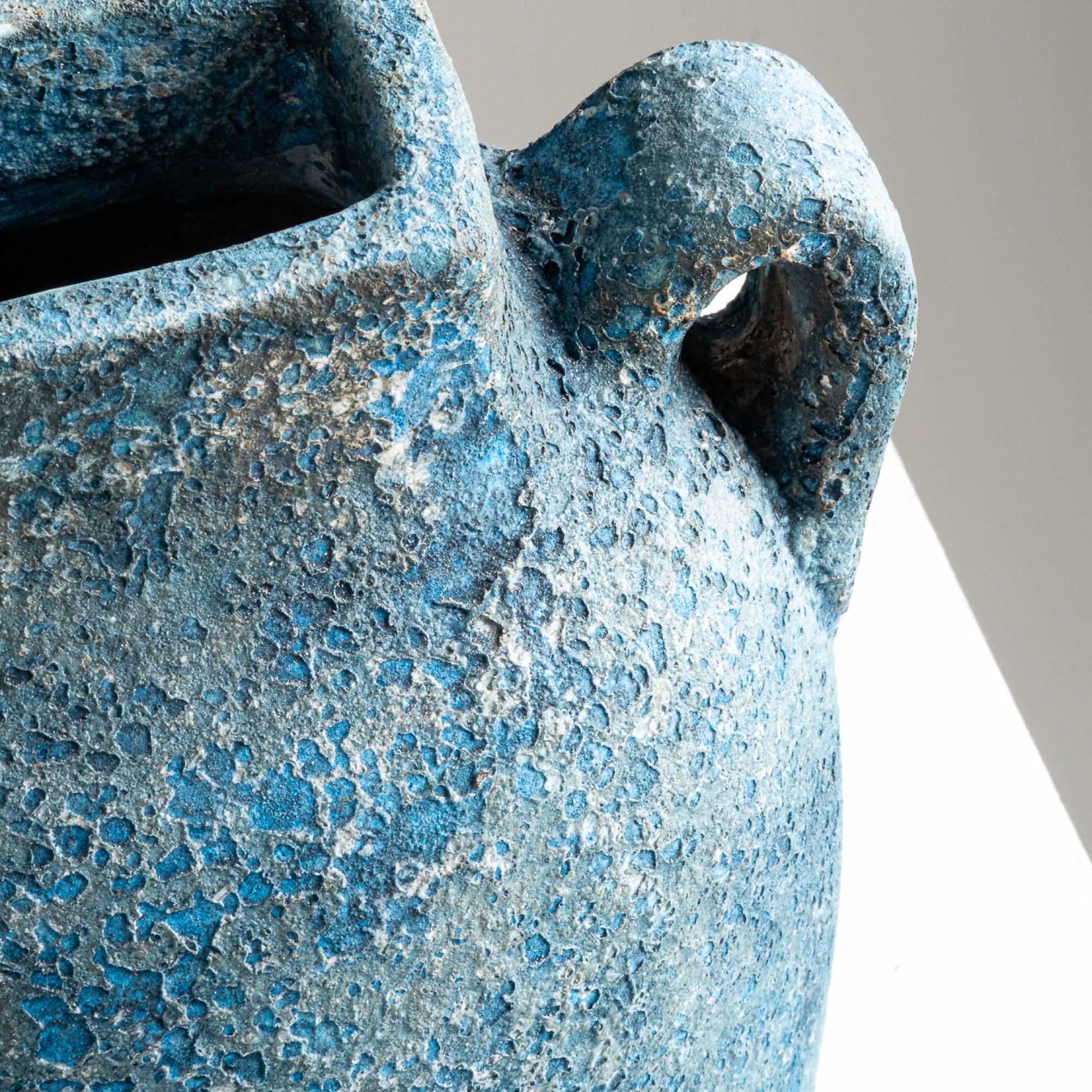 Contemporary Kuping Vase Jug, Handmade Textured Terracotta Organic Shape in Blue For Sale
