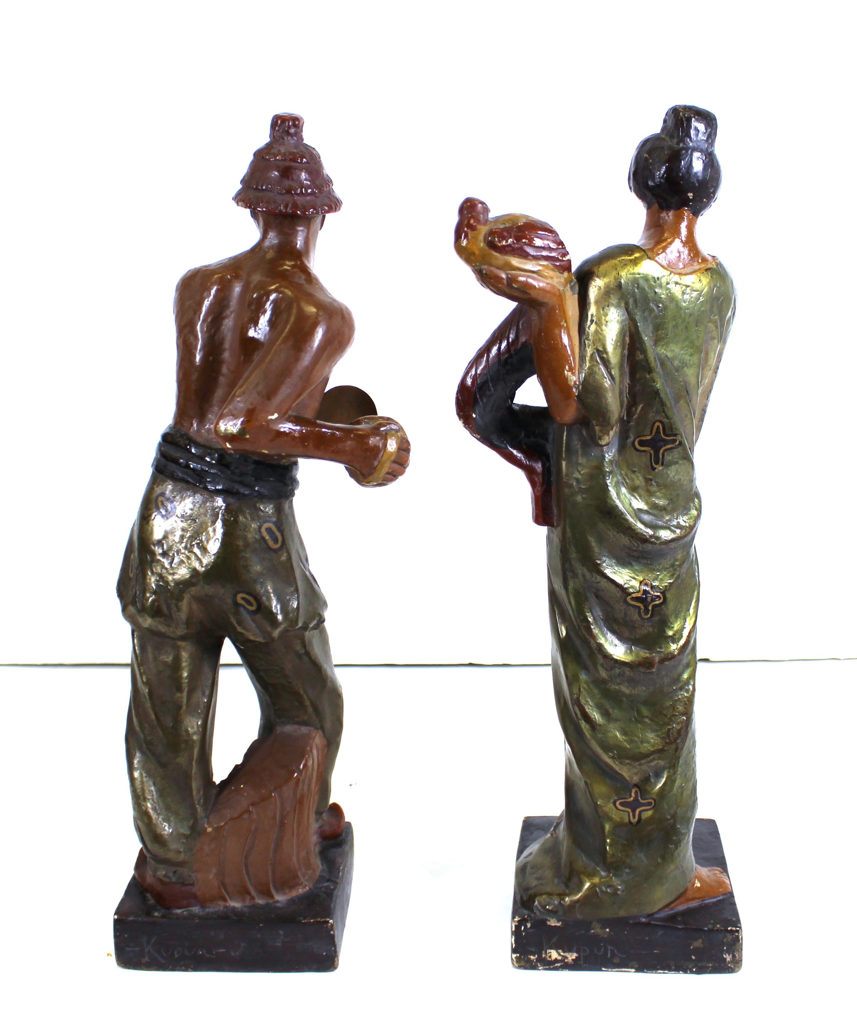 Kupur Art Deco Japonesque Copper-Clad Terracotta Sculptures In Good Condition In New York, NY