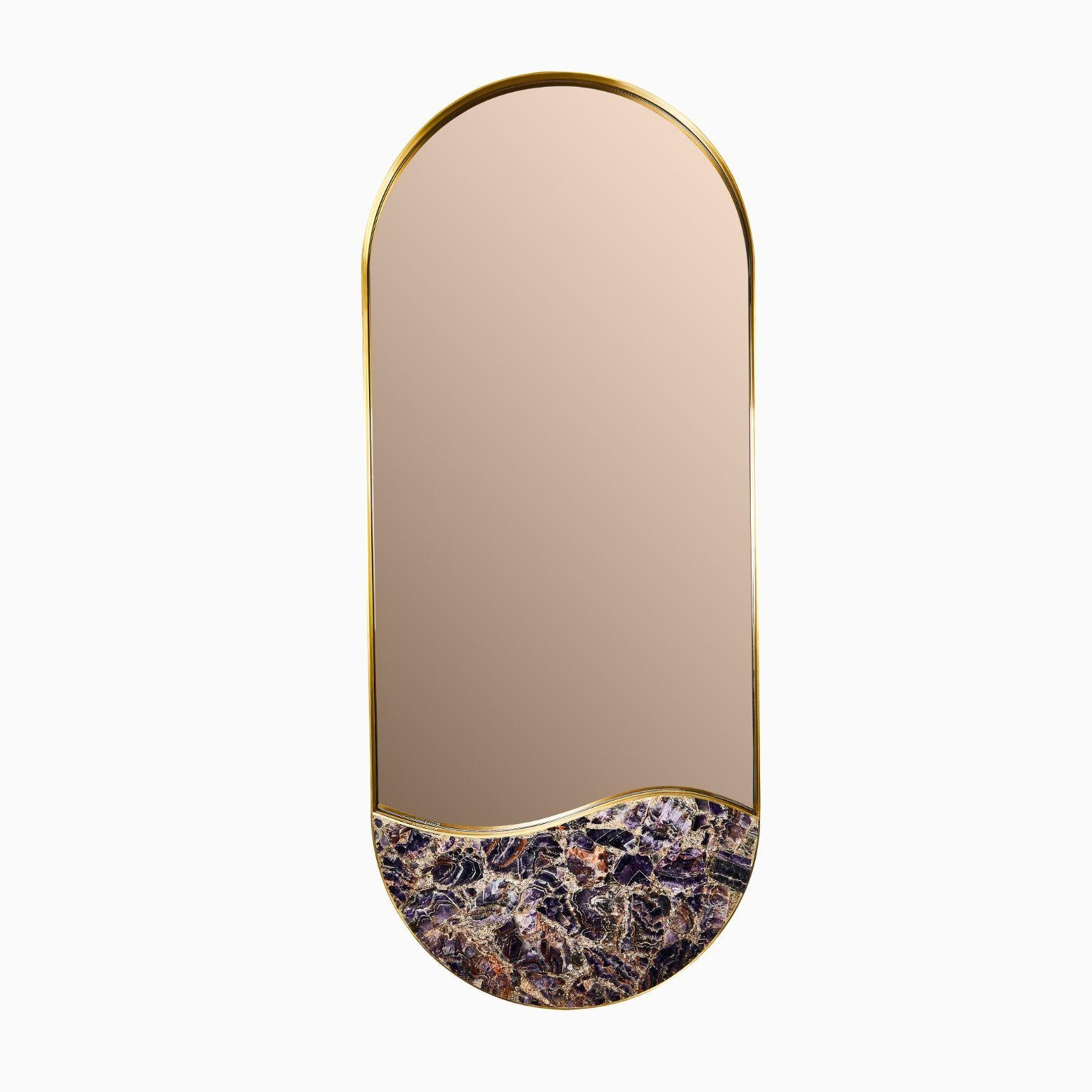 Kura mirror amethyst by Marble Balloon
Dimensions: 120 x 50 x 5 cm
Materials: Brass, onyx green stone.

100% brass material is used in the frame and green onyx stone is used in the lower part.

Marble Balloon is an interior design and high end