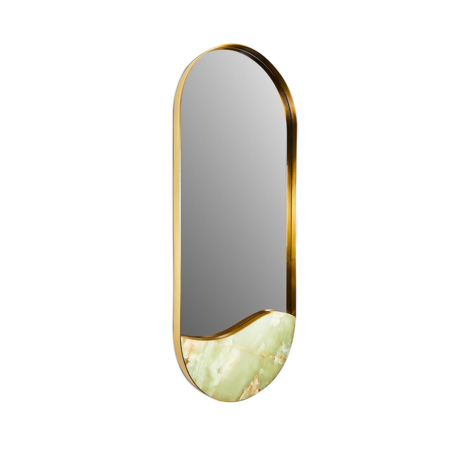 Kura mirror green onyx by Marble Balloon
Dimensions: 120 x 50 x 5 cm 
Materials: Brass, onyx green stone.

100% Brass material is used in the frame and green onyx stone is used in the lower part.

Marble Balloon is an interior design and high