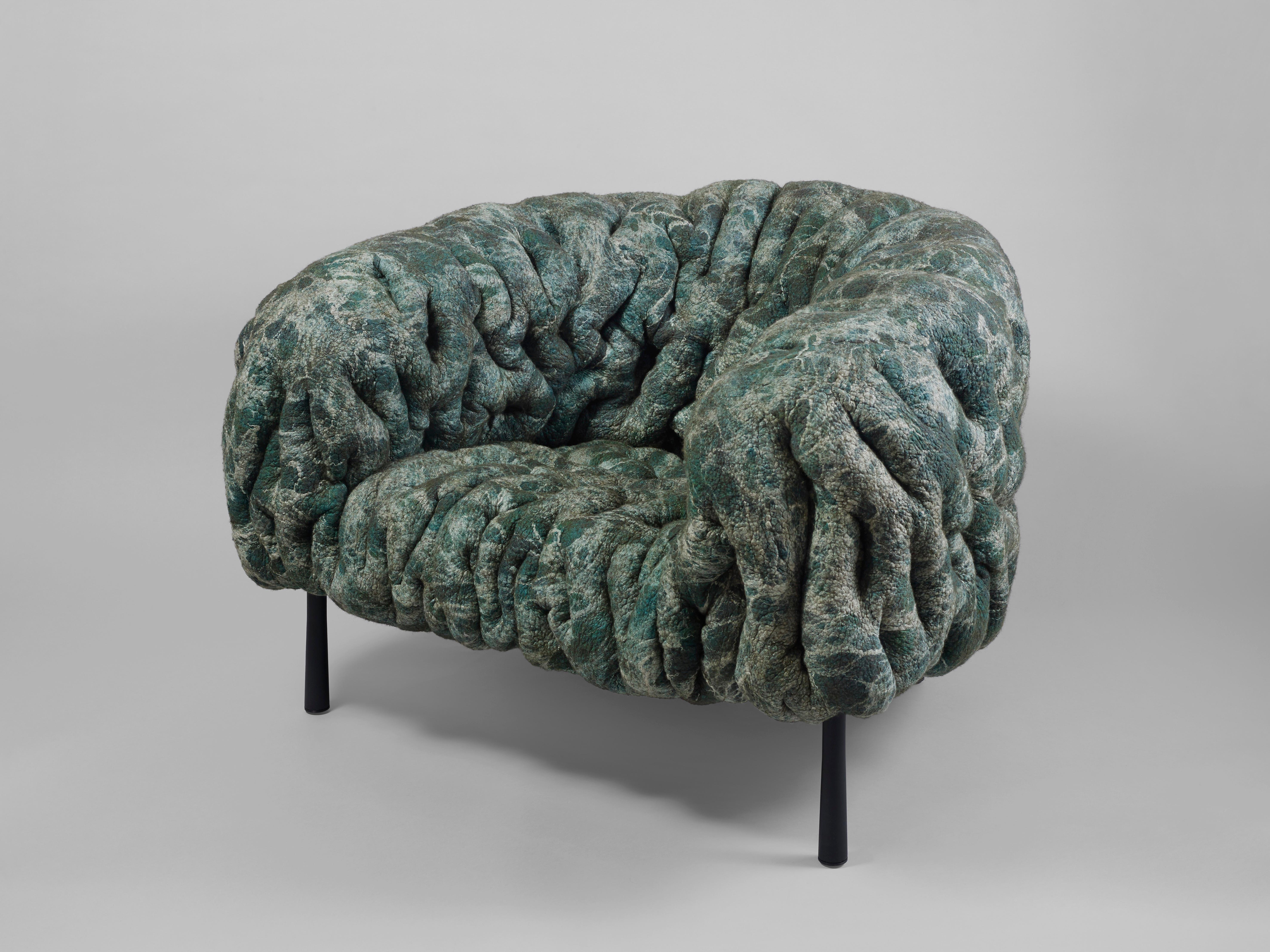 This 'Kuramura Pollock (Ocean)' armchair is a unique piece handcrafted by Ayala Serfaty featuring a deep green and white pattern and evoking Jackson Pollock’s drippings. World-renowned for her ‘SOMA’ series (her 