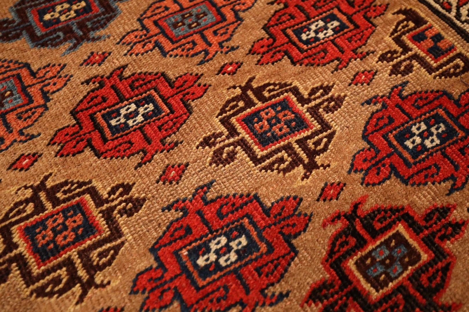 Kurd-Bidjar Antique Rug, Beige Red Blue, Wool Foundation - 3'9