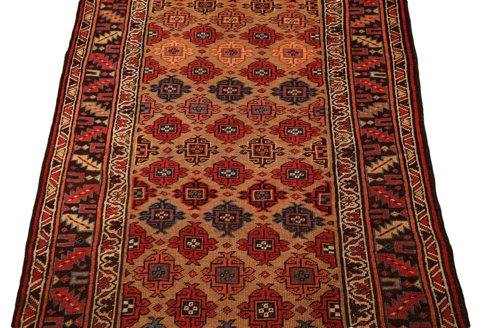 Kurd-Bidjar Antique Rug, Beige Red Blue, Wool Foundation - 3'9