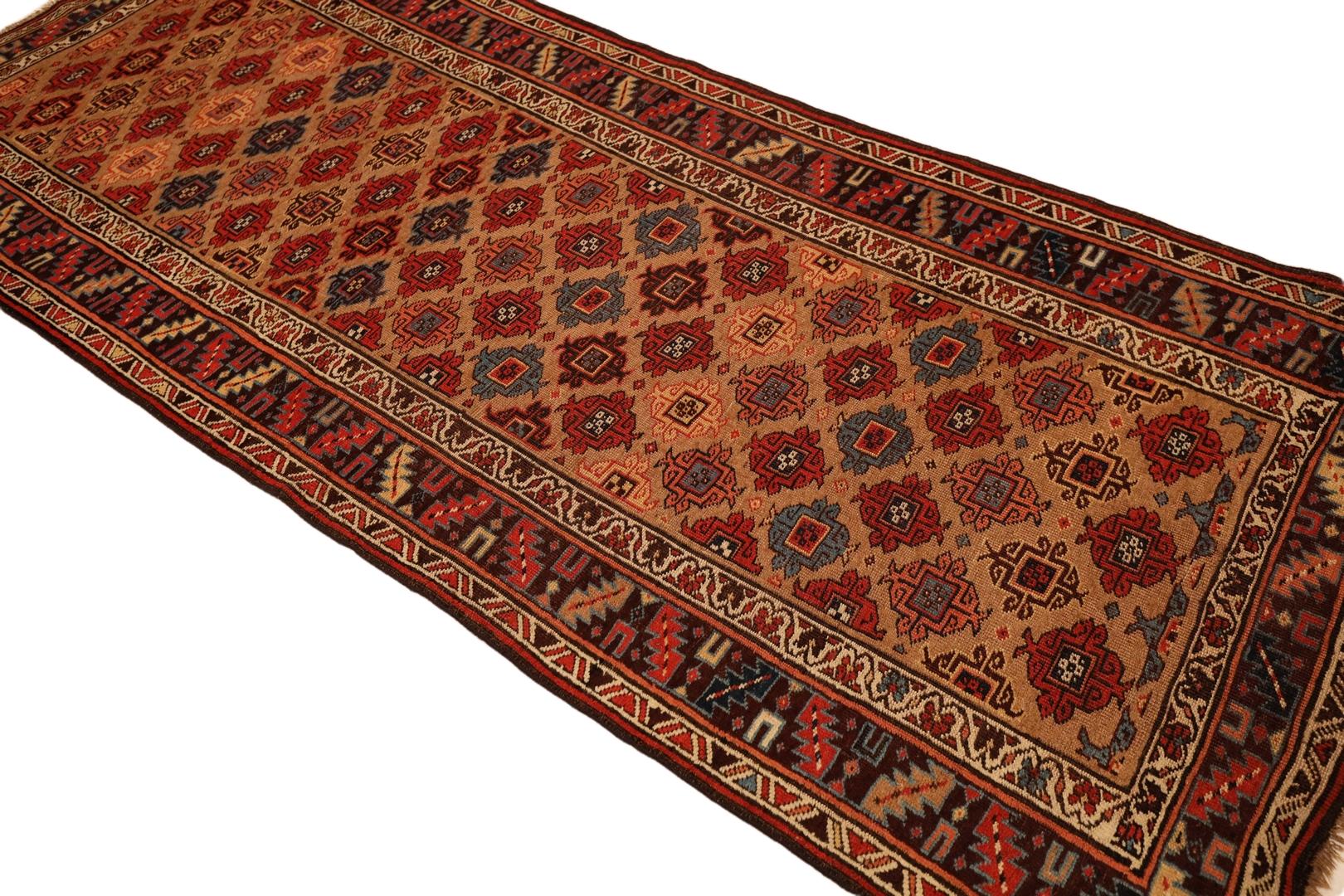 Kurd-Bidjar Antique Rug, Beige Red Blue, Wool Foundation - 3'9