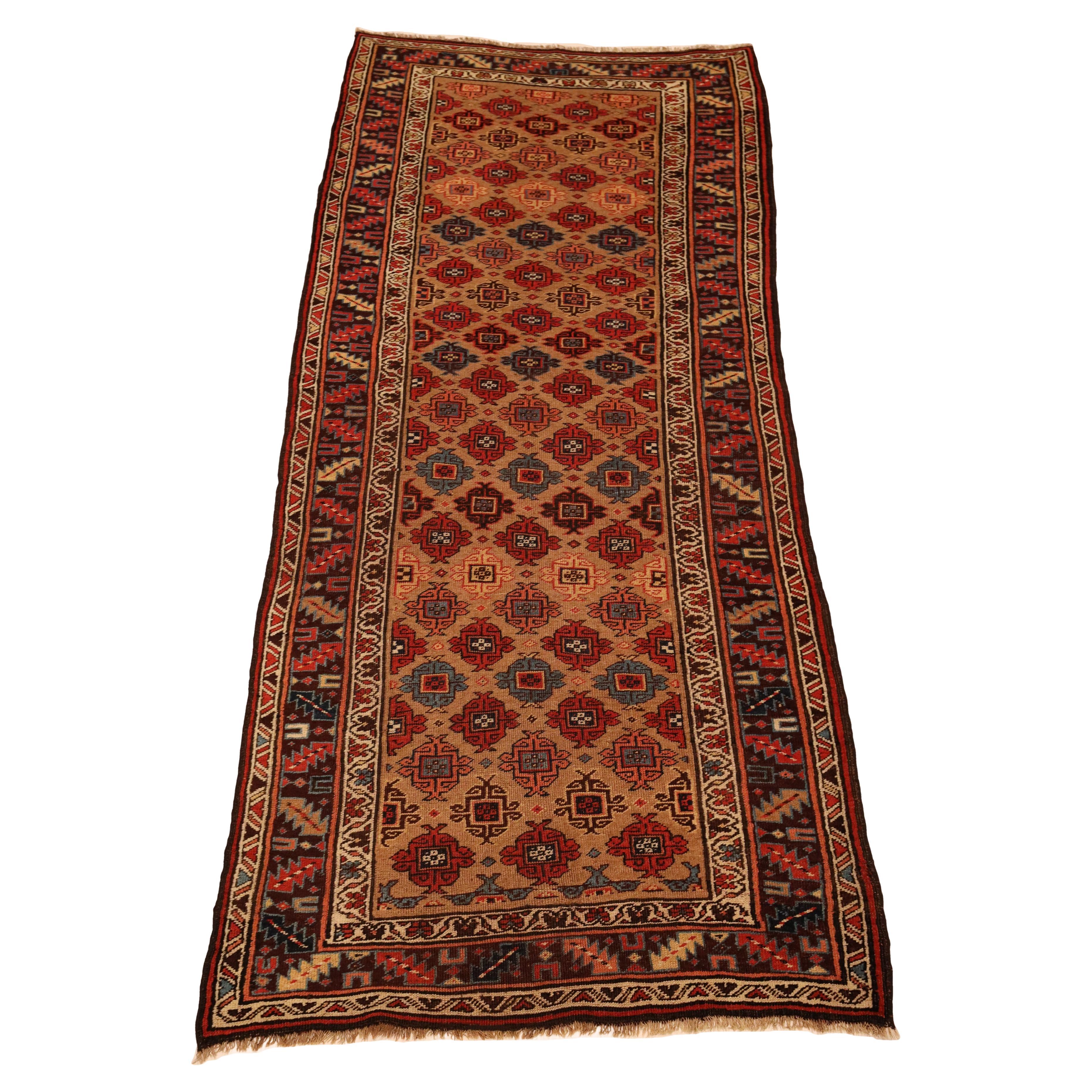 Kurd-Bidjar Antique Rug, Beige Red Blue, Wool Foundation - 3'9" x 9'2" For Sale