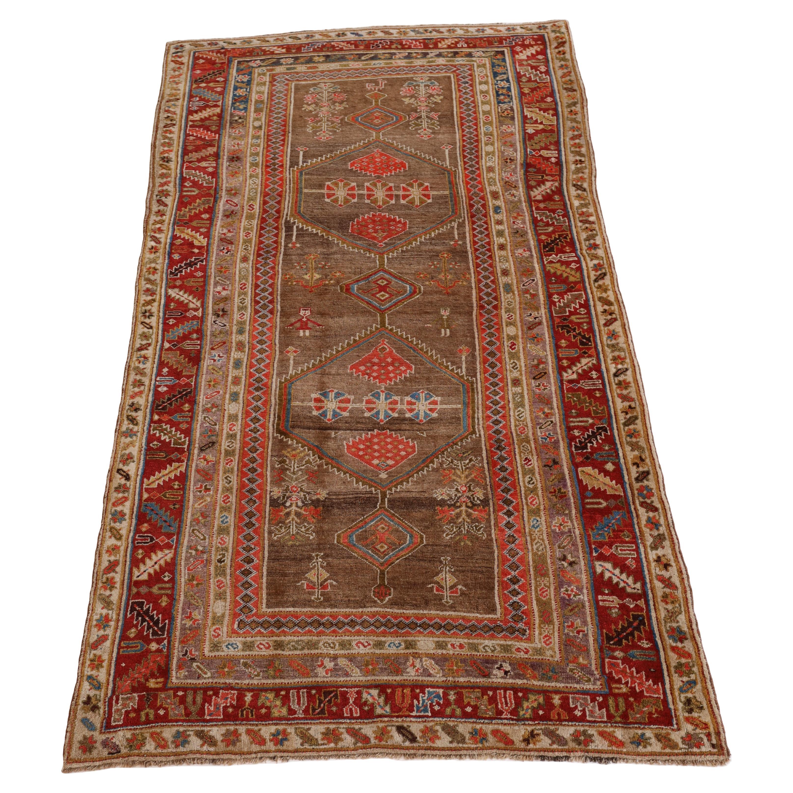 Kurd-Bidjar Antique rug, Brown Red Blue - 4'7" x 8'4" For Sale