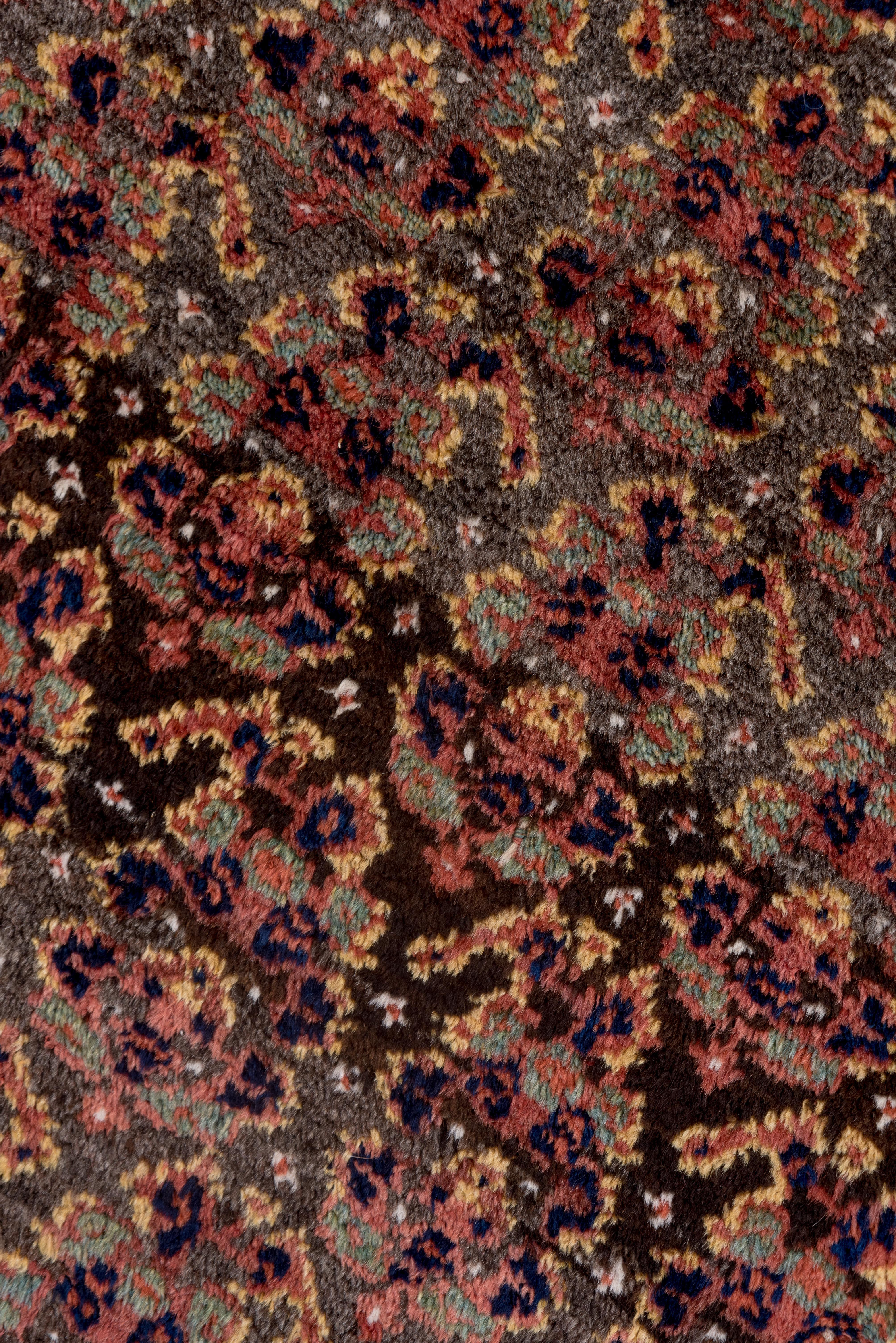 This richly hued Kurd rug displays a traditional Herati lattice in a dense, repeating format, accented with subtle notes of violet, rose, and midnight. Angular serrated borders in ochre, coral, and indigo create dynamic contrast. A deeply woven