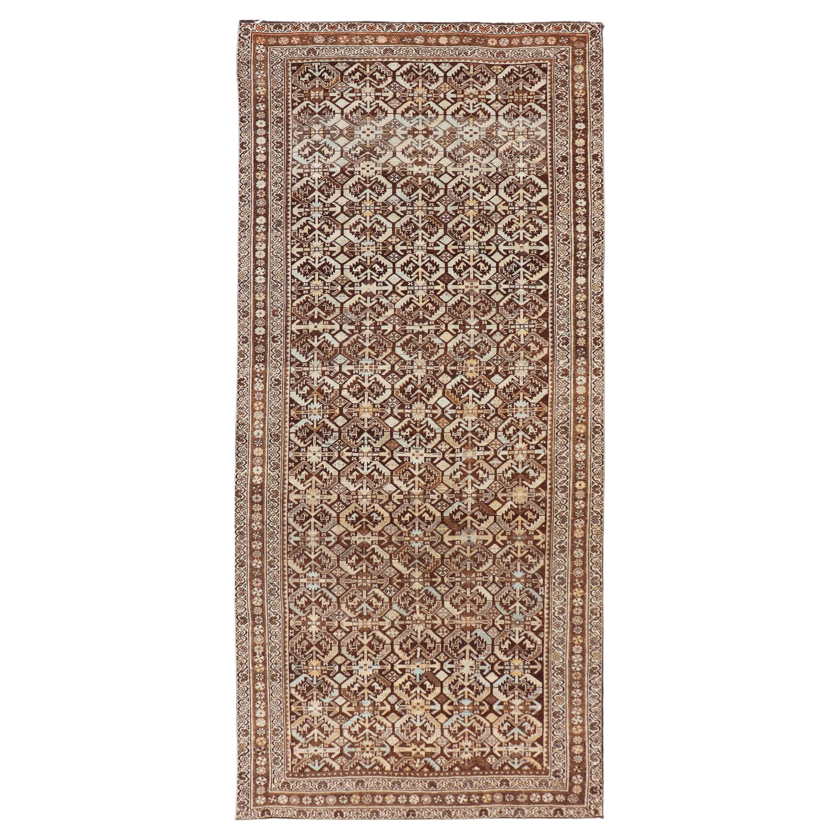 Kurdish Antique Gallery Runner with All-Over Tribal Design in Browns and Blue