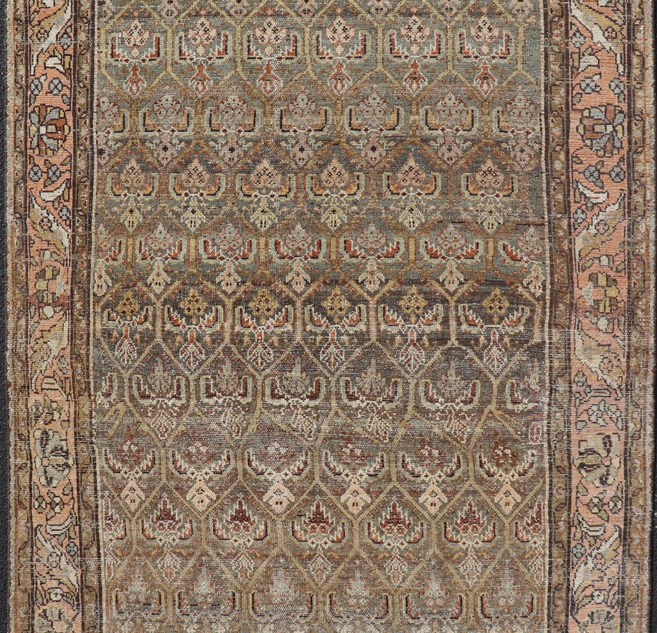 Kurdish Antique Gallery Runner with All-Over Tribal Design in Brown's and Pink For Sale 3