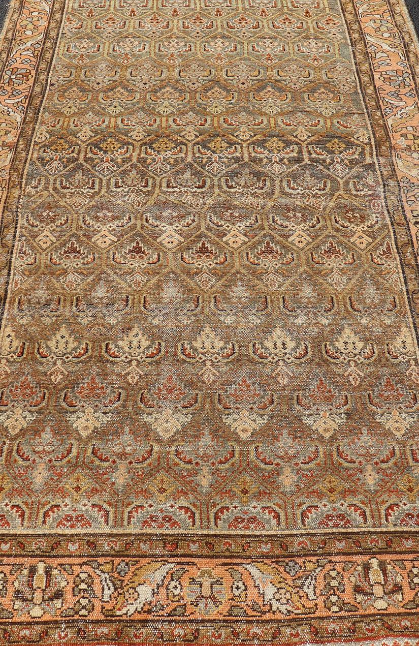 Malayer Kurdish Antique Gallery Runner with All-Over Tribal Design in Brown's and Pink For Sale