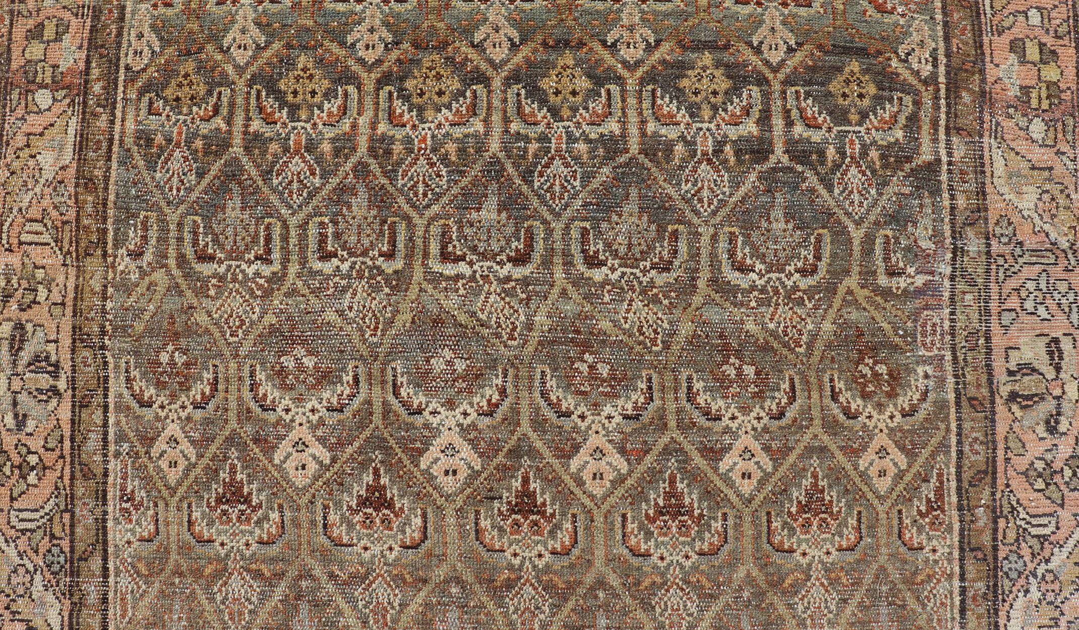 Hand-Knotted Kurdish Antique Gallery Runner with All-Over Tribal Design in Brown's and Pink For Sale